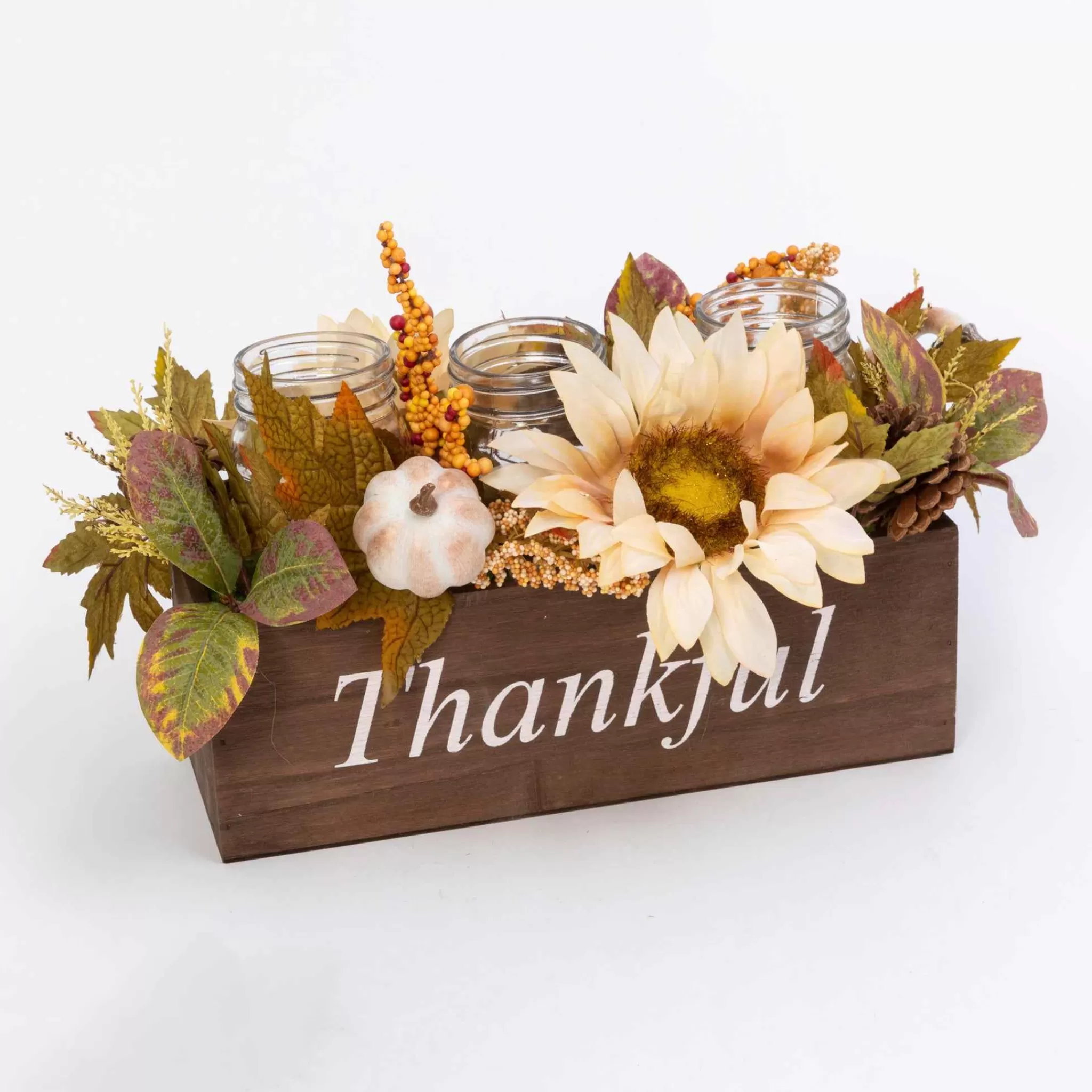 Gerson International 16-In Long Wood Fall Box Filled With Florals And 3 Candle Jars