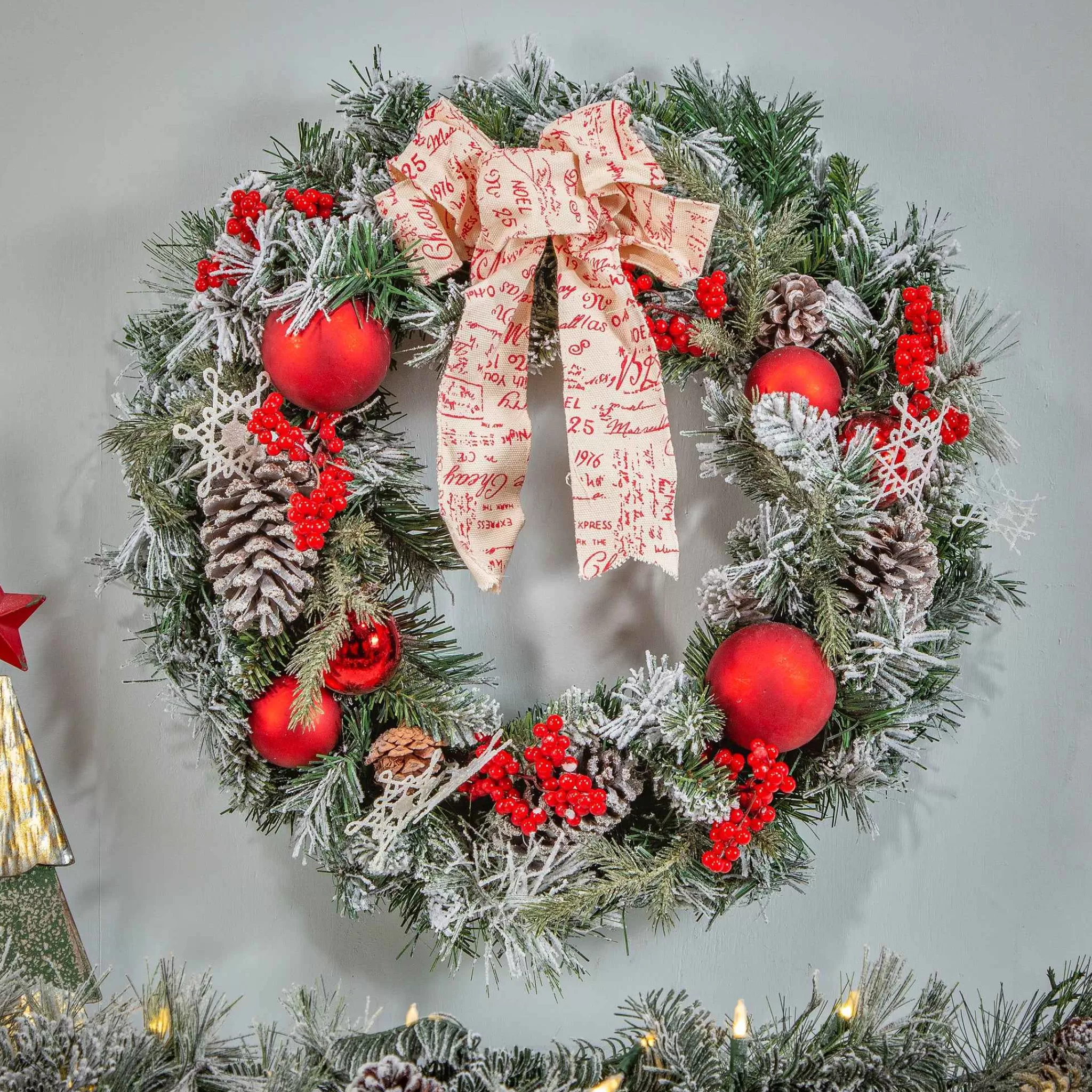 Gerson International 24 In Flocked Holiday Wreath With Bow, Berries And Ornaments