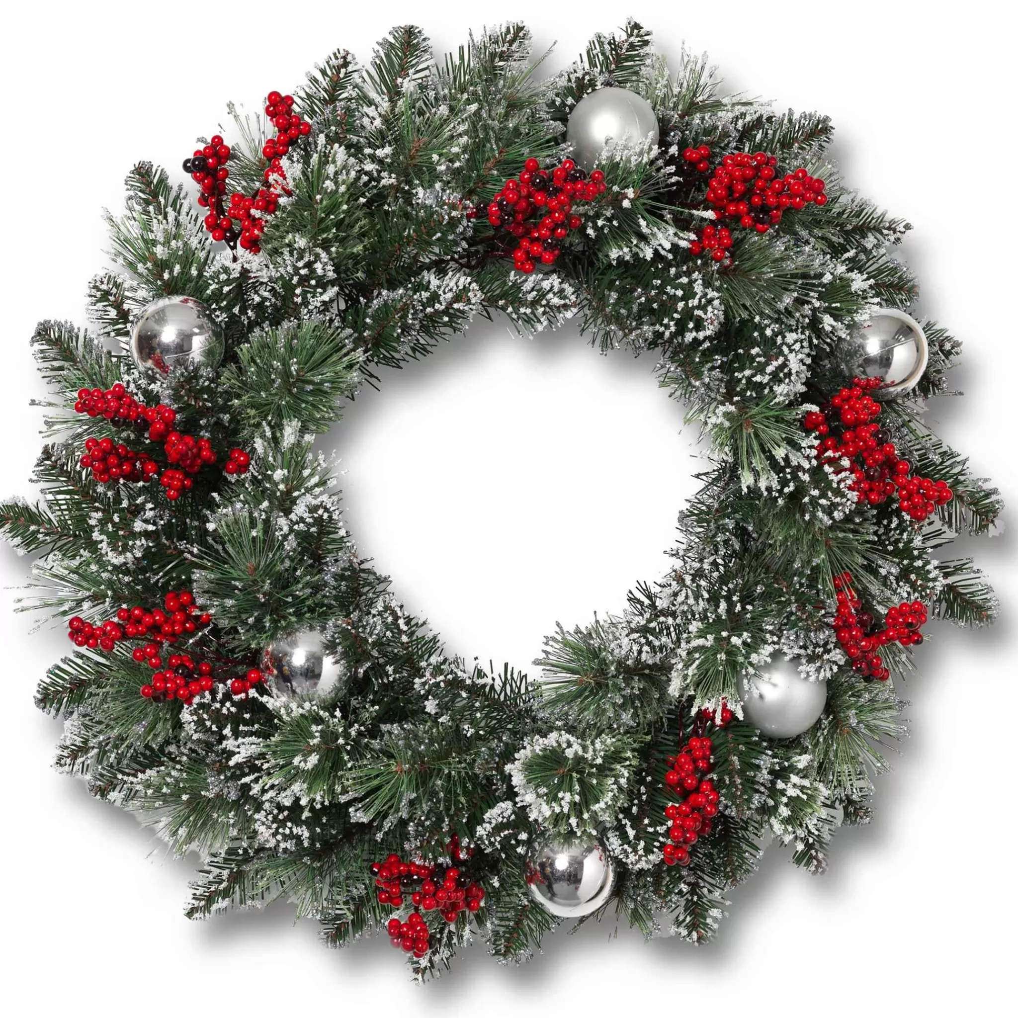 Gerson International 24 Inch Flocked Holiday Wreath With Red Berries And Ornaments