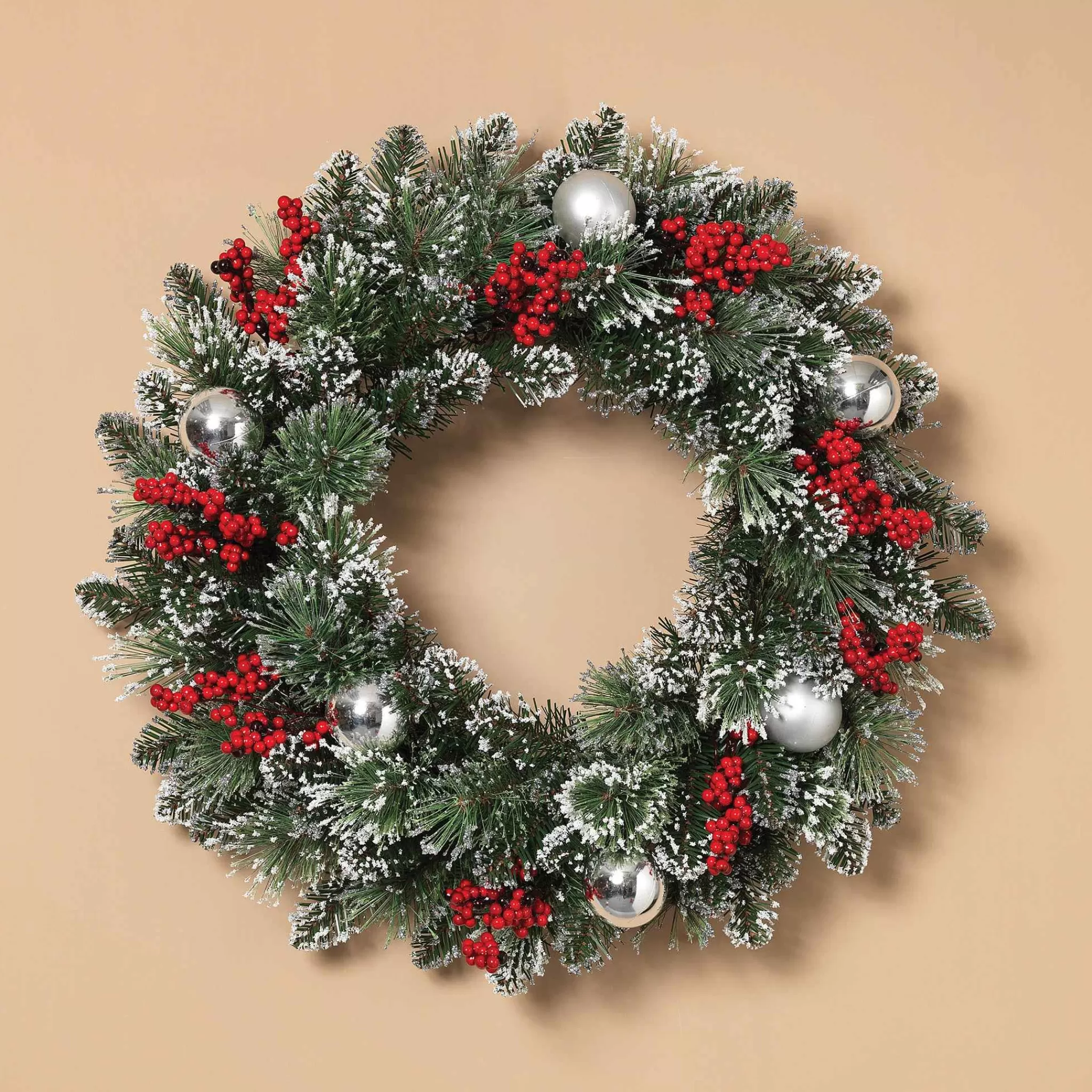 Gerson International 24 Inch Flocked Holiday Wreath With Red Berries And Ornaments
