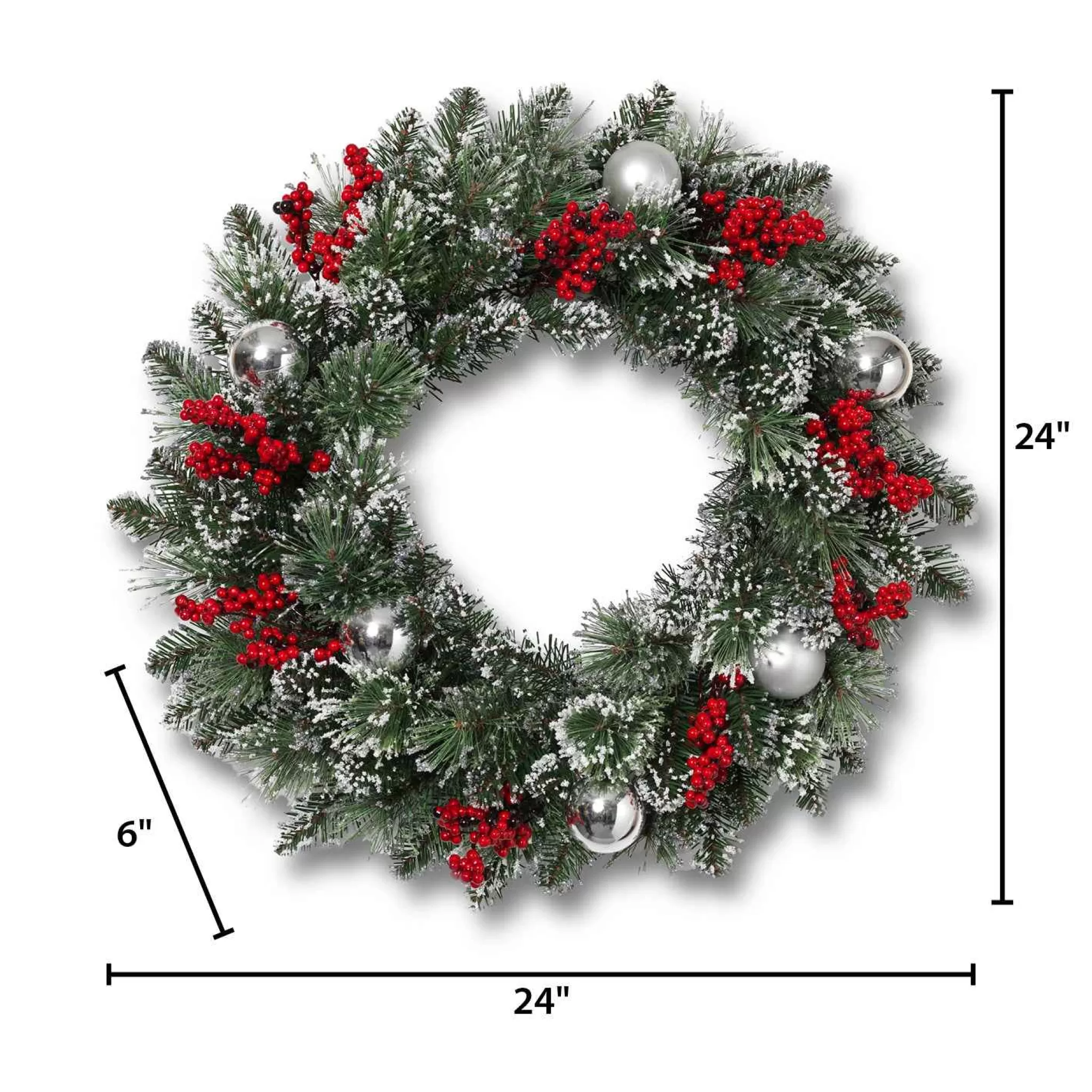 Gerson International 24 Inch Flocked Holiday Wreath With Red Berries And Ornaments