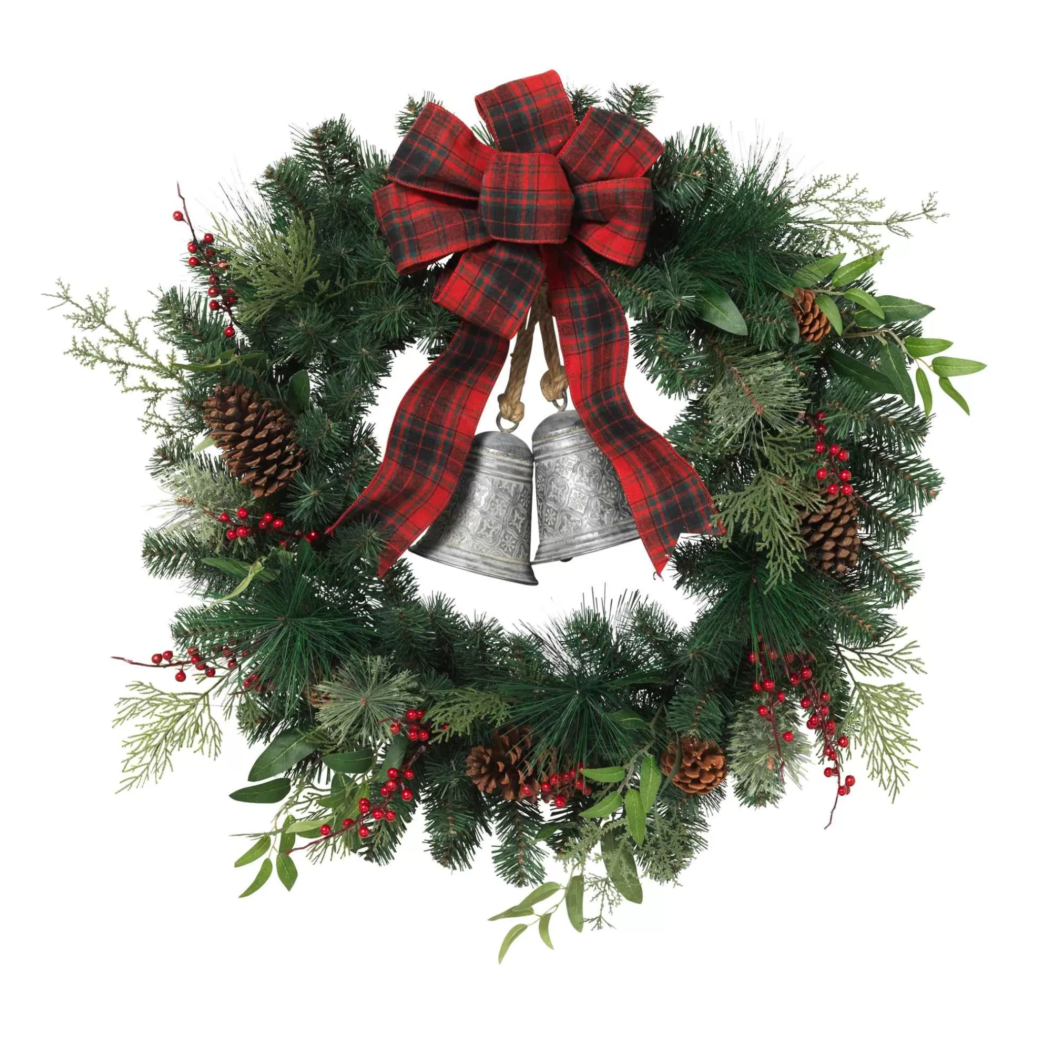 Gerson International 32 In Holiday Pine Wreath With Plaid Bow And Silver Bells