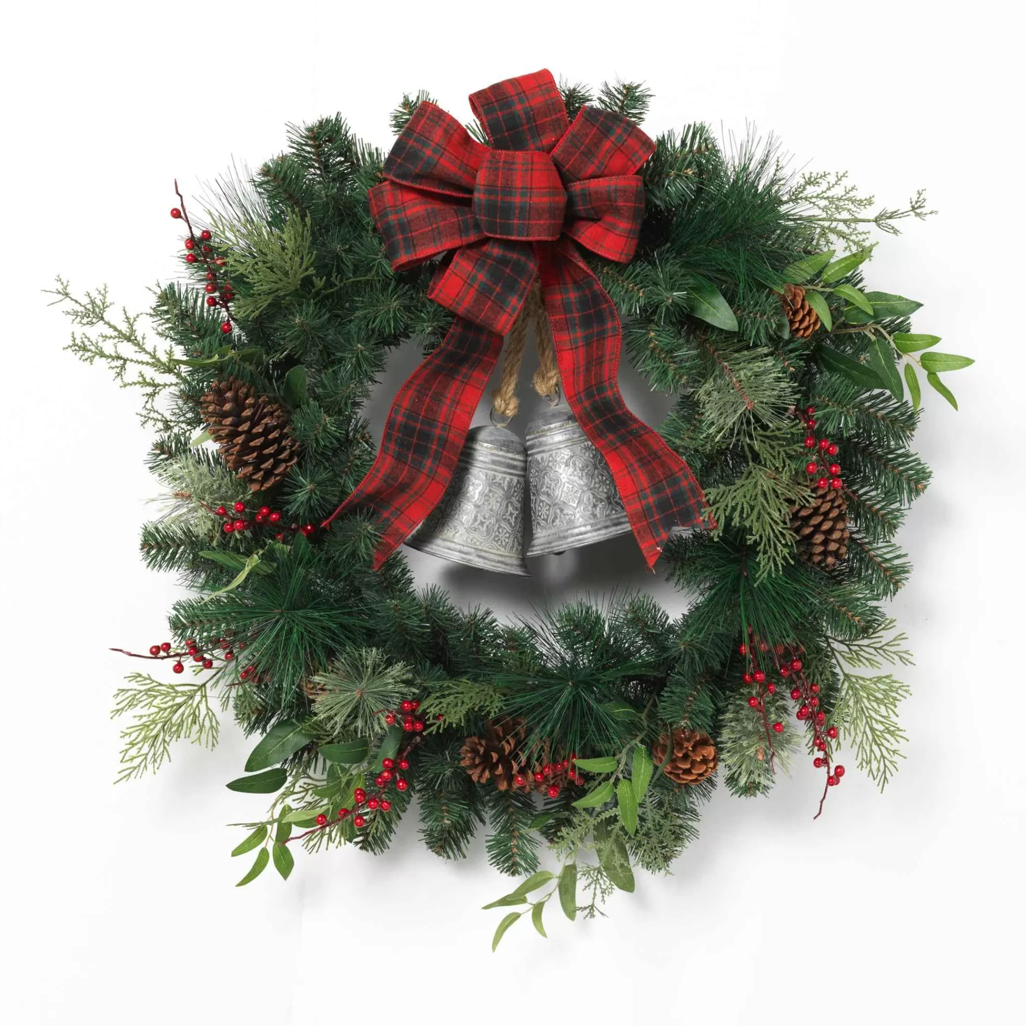 Gerson International 32 In Holiday Pine Wreath With Plaid Bow And Silver Bells