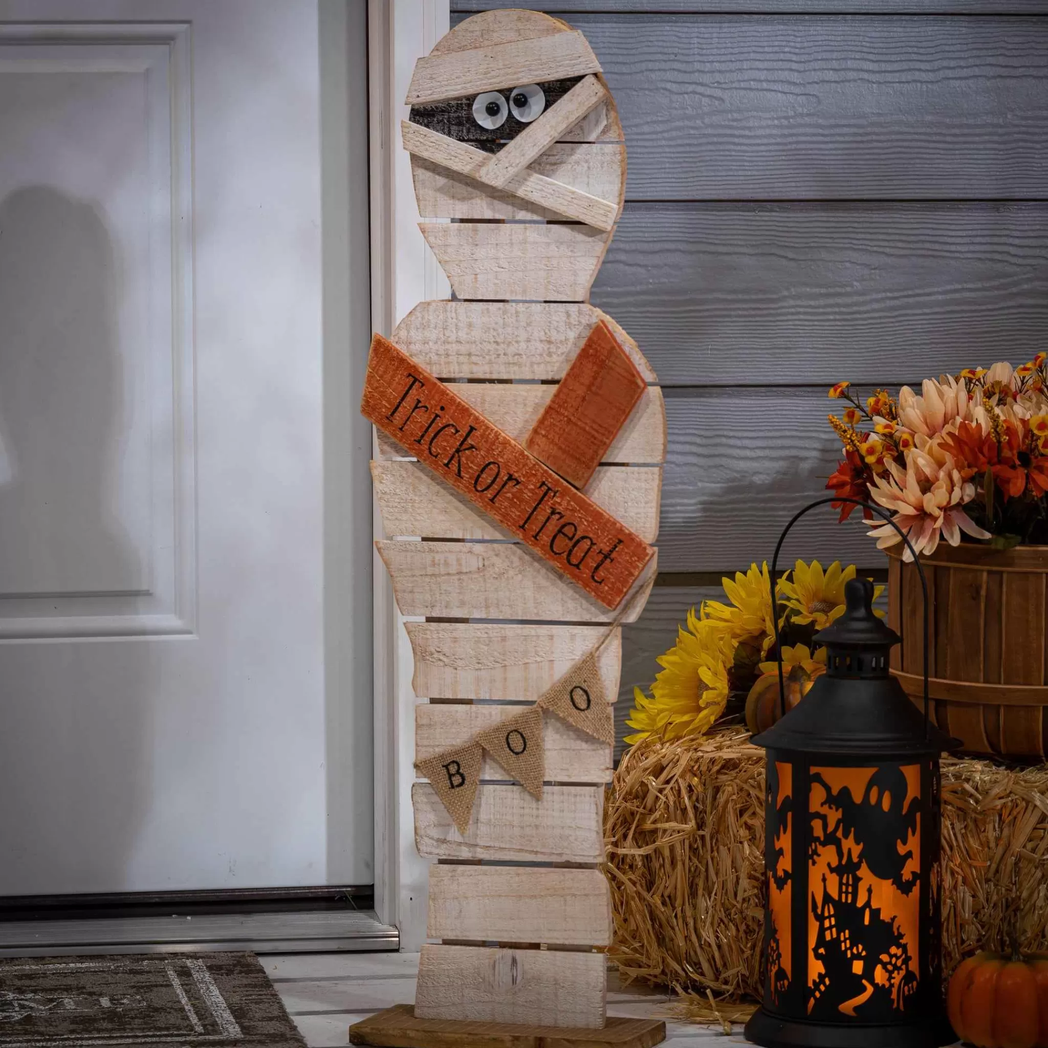 Gerson International 32 In Tall Wood Halloween Mummy, Spooky Decor With Boo Banner