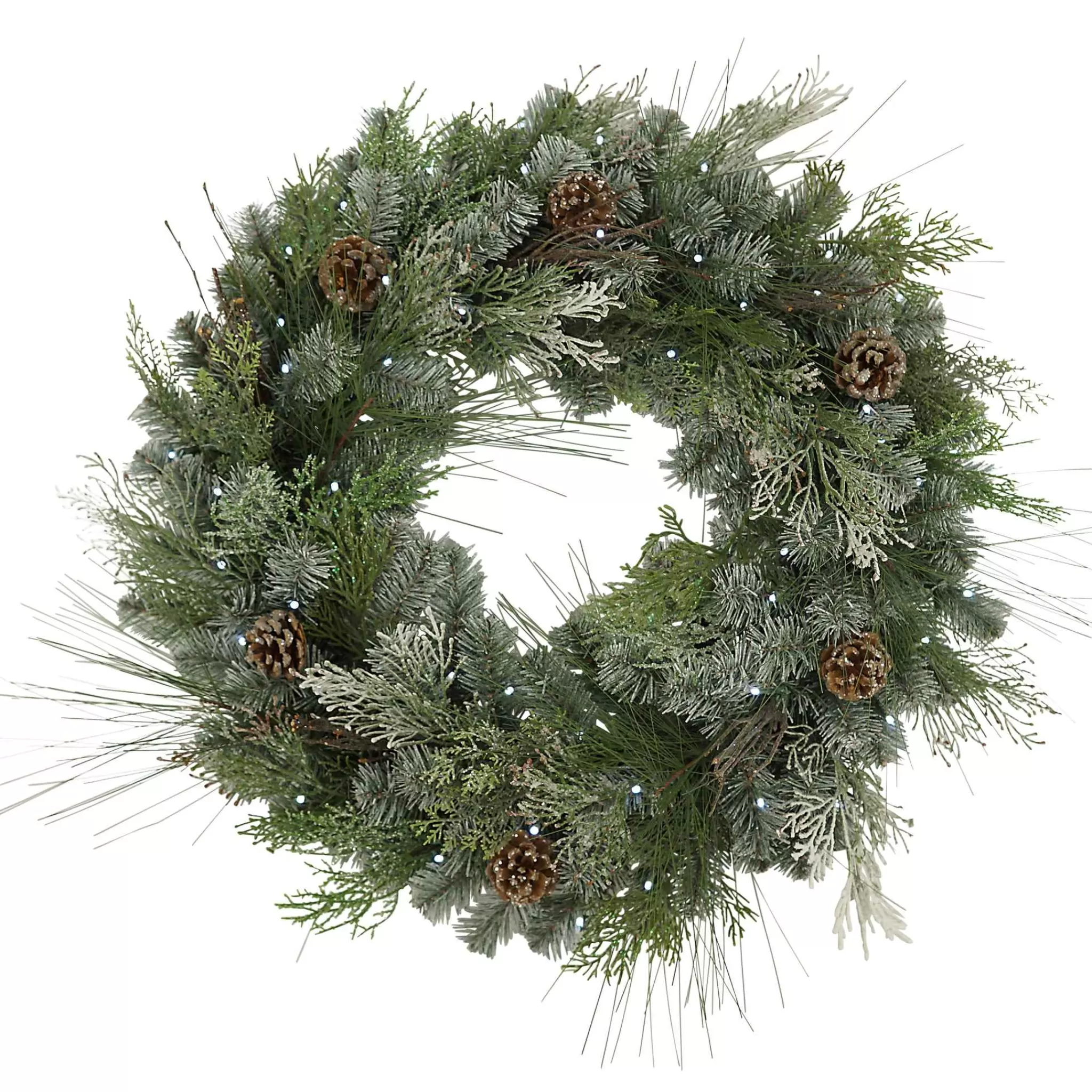 Gerson International 32"D Pre-Lit Snowy Mixed Pine Wreath Withpine Cones, Twig & Cedar Accents. 50 Cool White Led Lights.