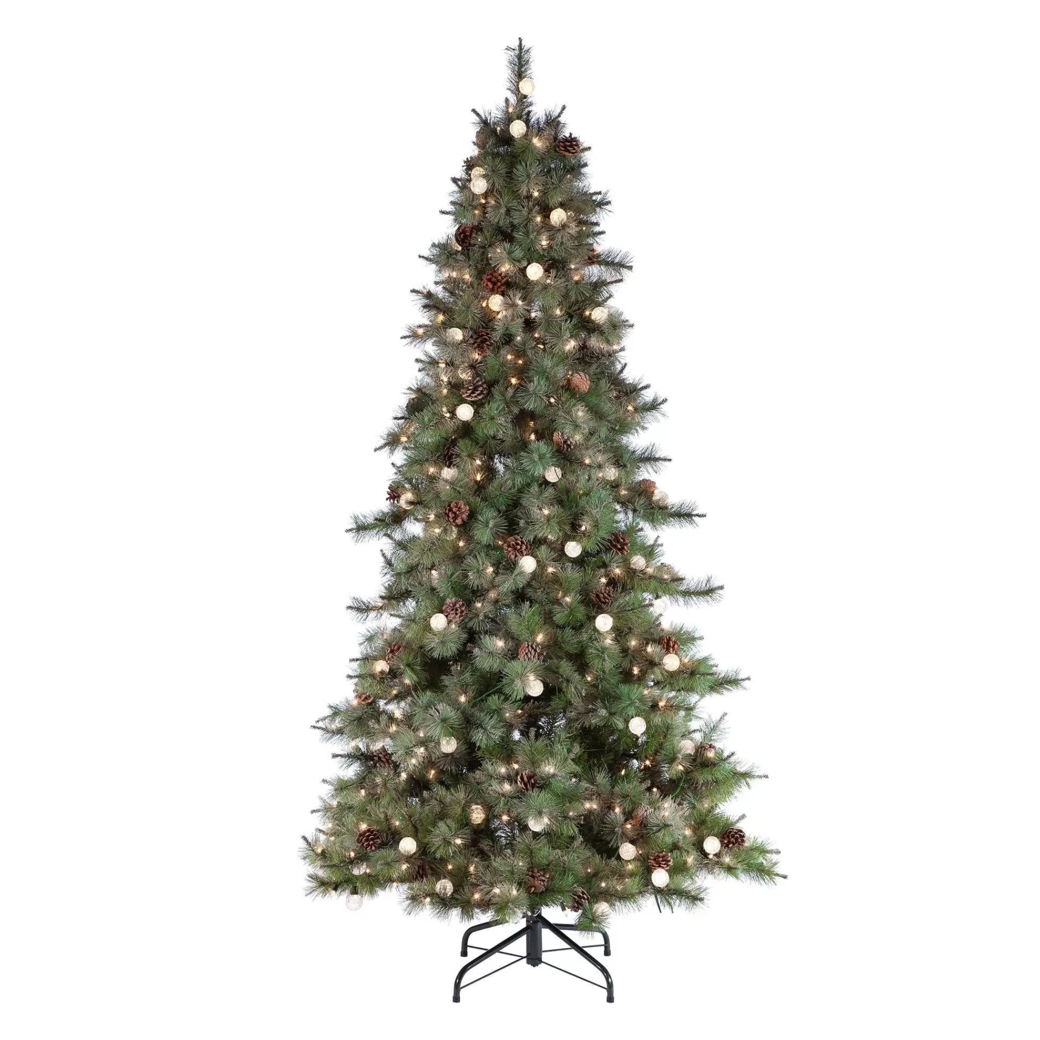 Gerson International 7.Ft Pre-Lit Mixed Needle Arcadia Fir Christmas Tree With Pinecones And Clear/Warm White Led Lights