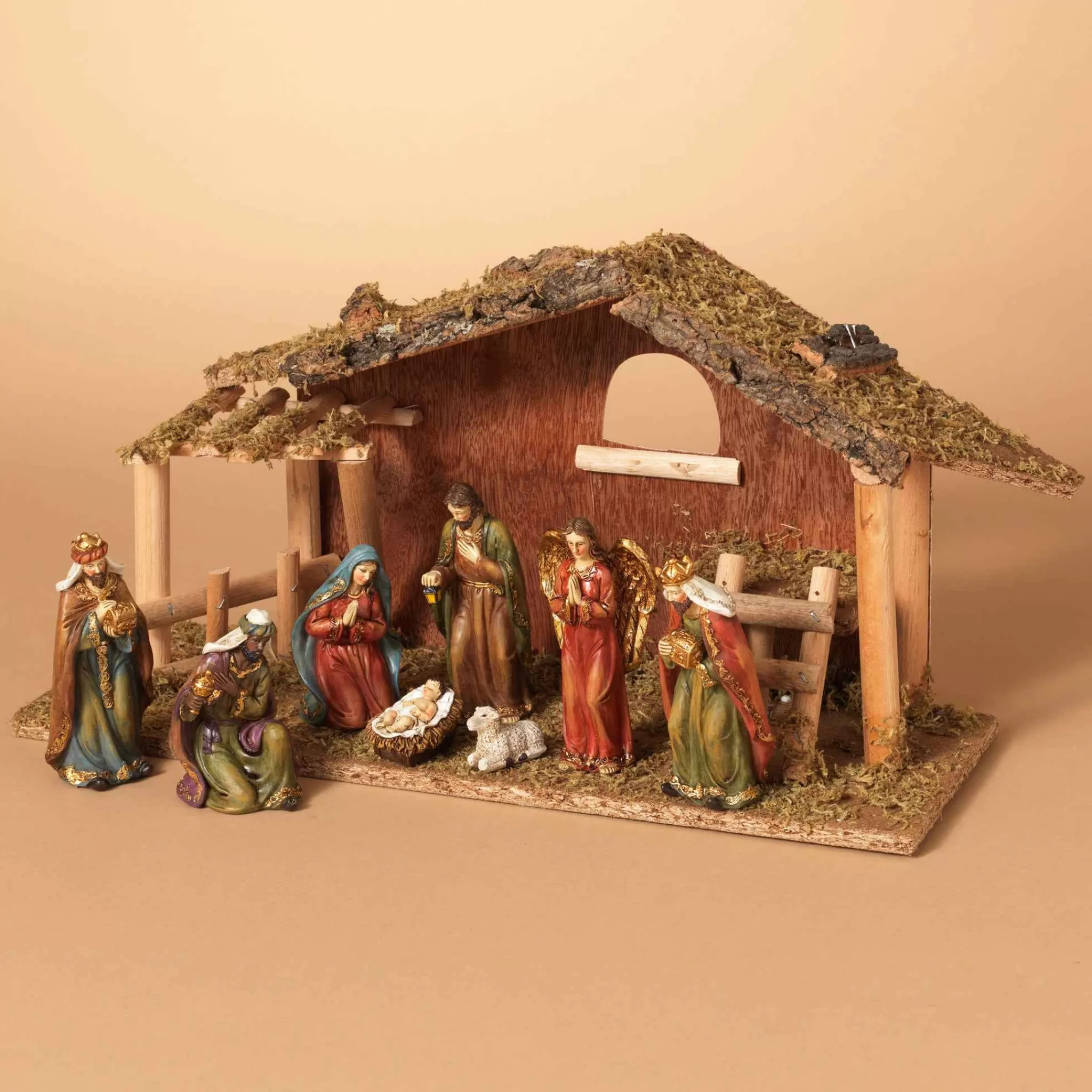 Gerson International 9 Piece 15.25-Inch-Long Resin Nativity Scene With Moss Stable