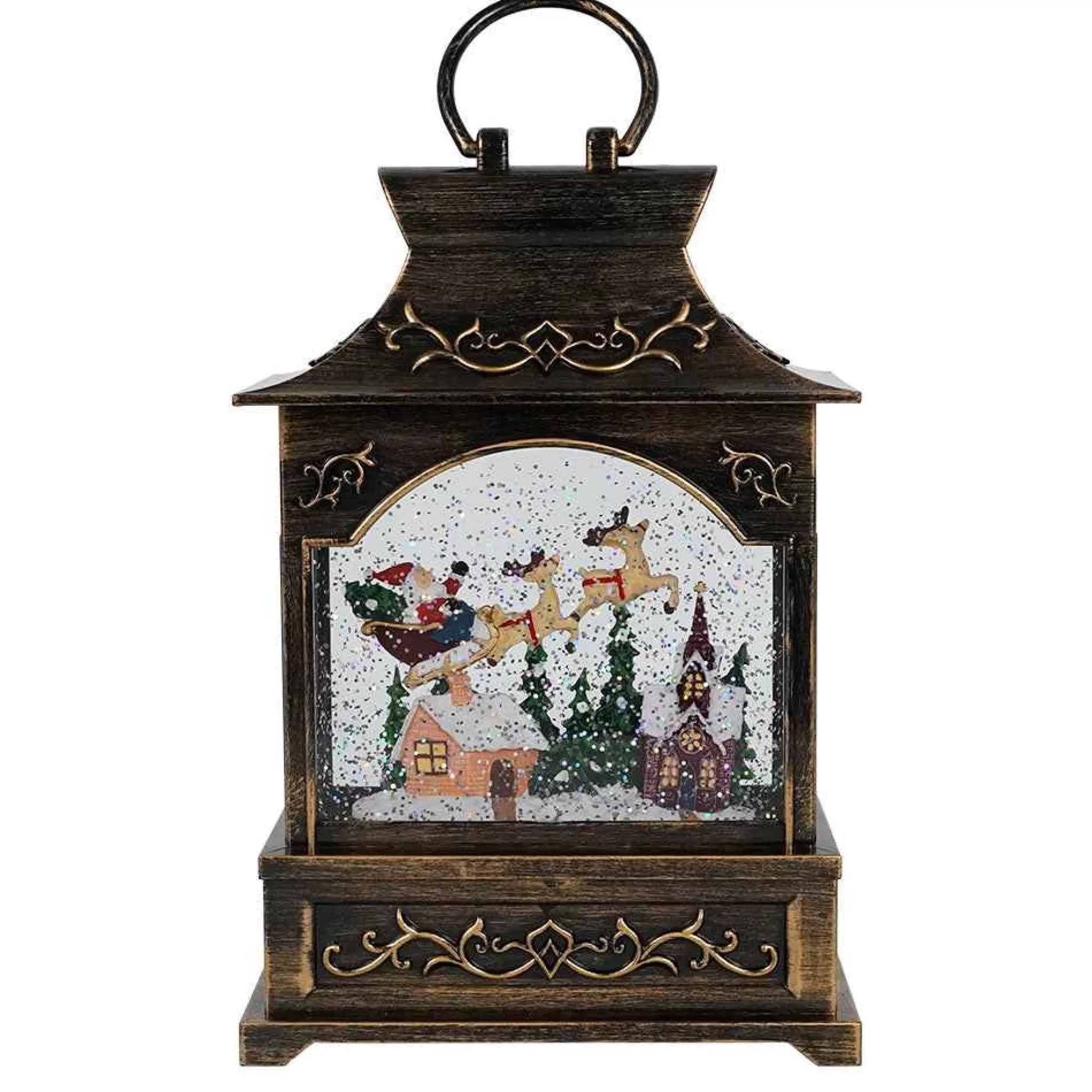 Arys Imports Antique Brushed Square Lantern With Led Warm White Light Up Santa Sleigh Scene Spinning Glitter Waterglobe
