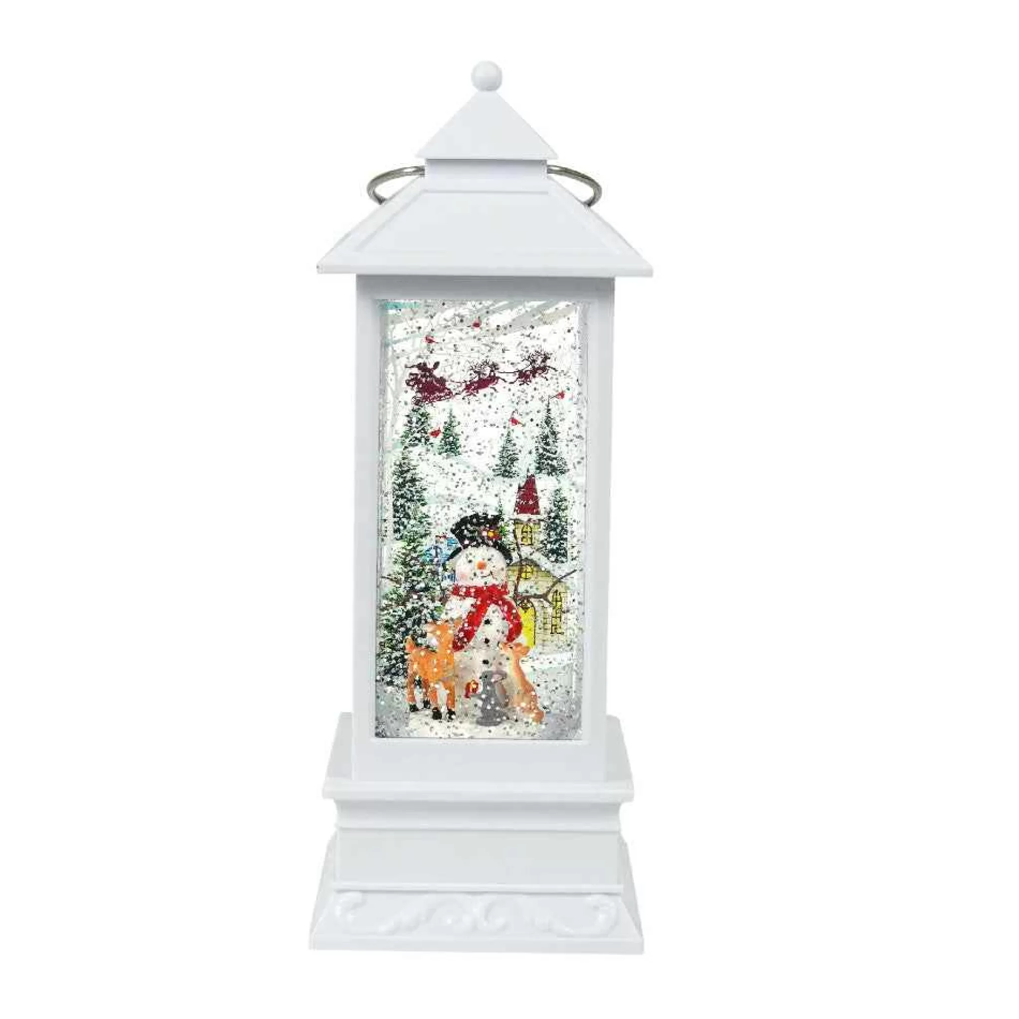 Arys Imports Antique White Tall Lantern With Led Light Up Snowman Scene Spinning Glitter Waterglobe