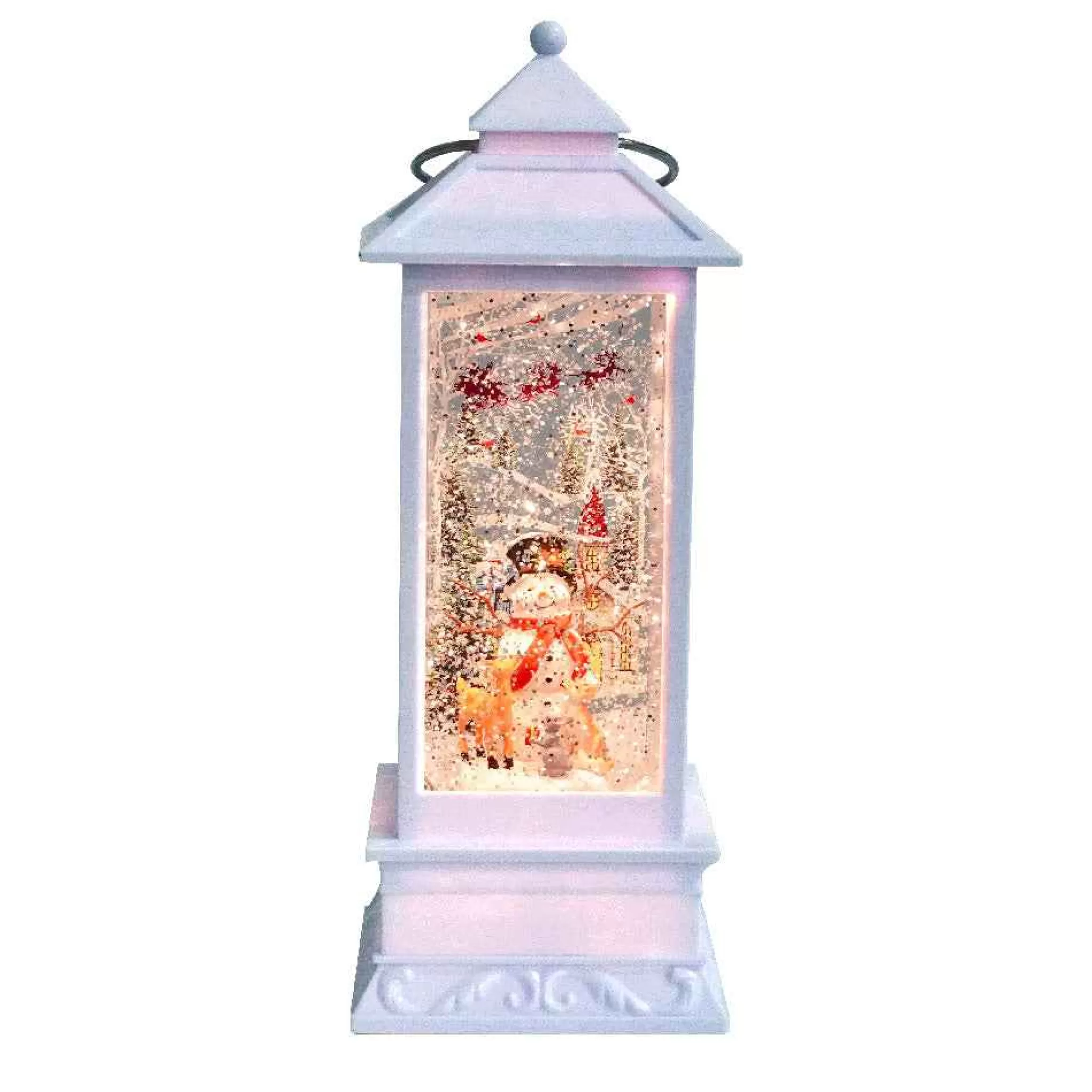Arys Imports Antique White Tall Lantern With Led Light Up Snowman Scene Spinning Glitter Waterglobe