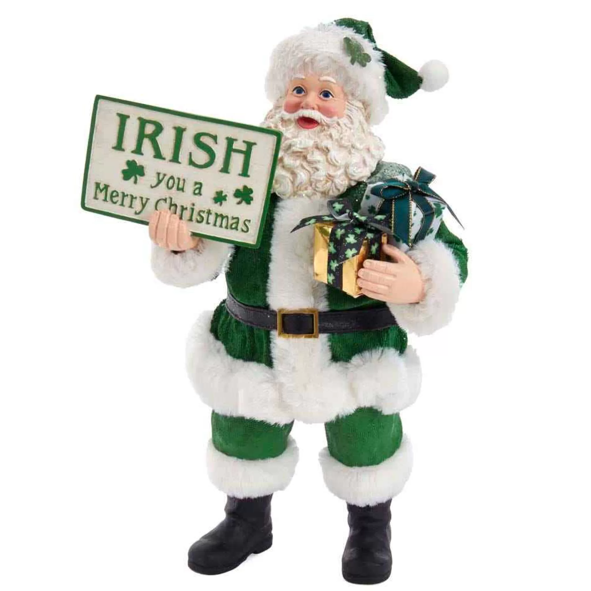Kurt Adler 10.5-Inch Fabriche Musical Irish Santa Gift Box And Sign