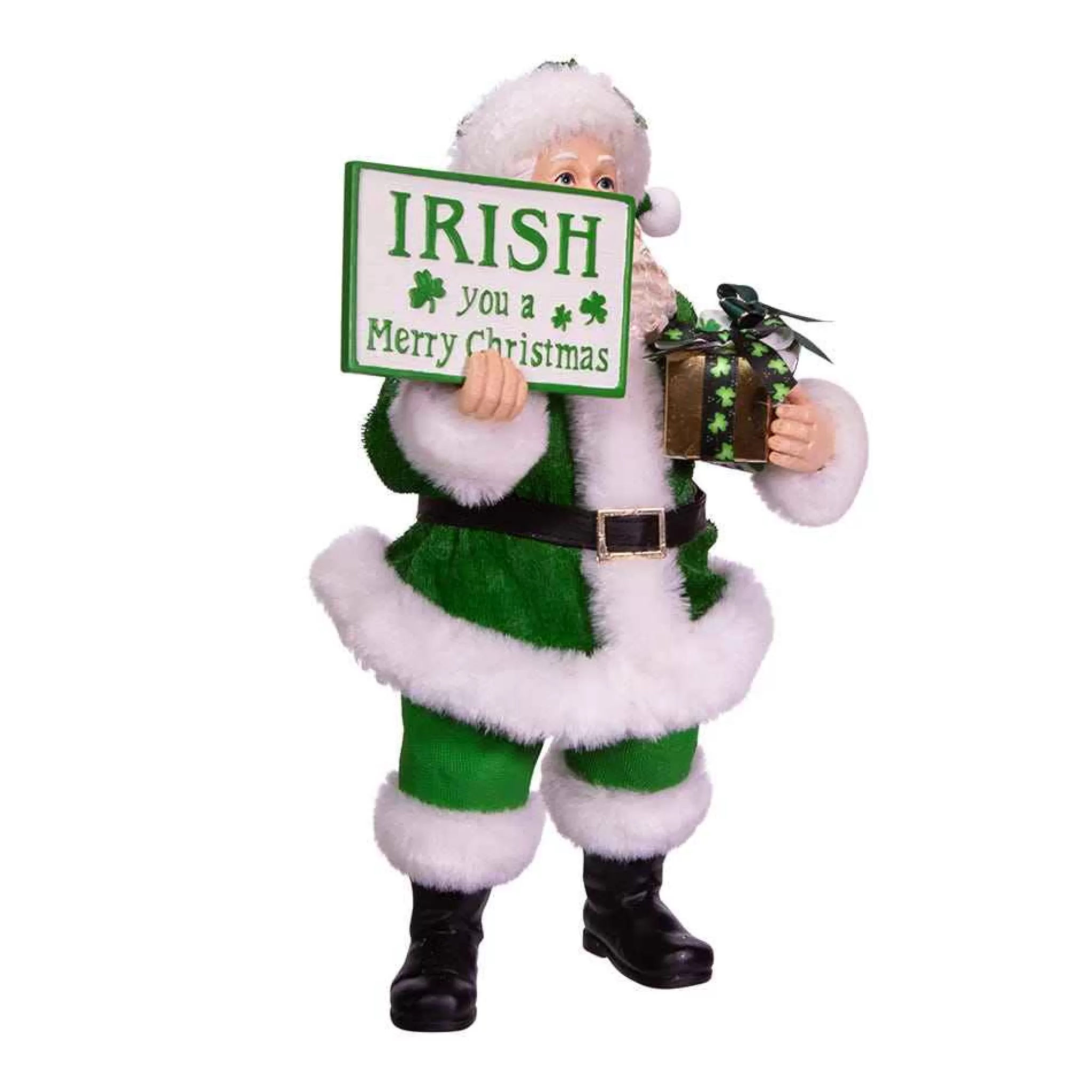 Kurt Adler 10.5-Inch Fabriche Musical Irish Santa Gift Box And Sign