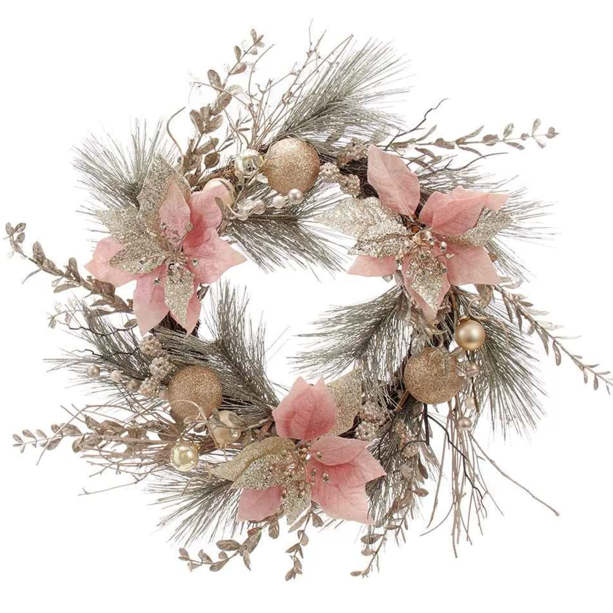 Kurt Adler 20-Inch Champagne And Gold Wreath With Pink Poinsettias And Ornaments
