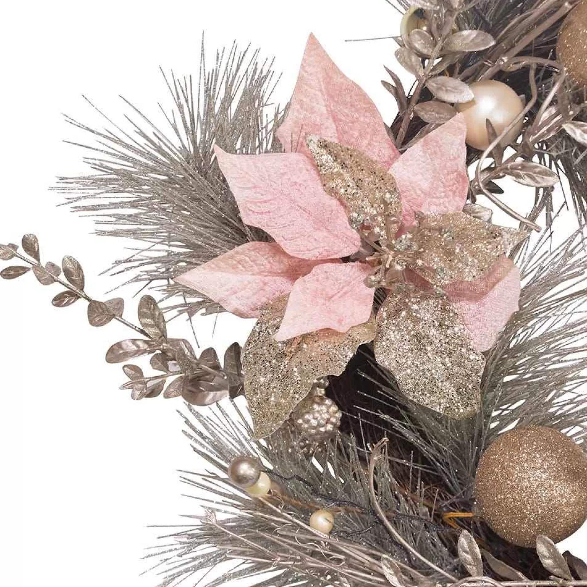Kurt Adler 20-Inch Champagne And Gold Wreath With Pink Poinsettias And Ornaments