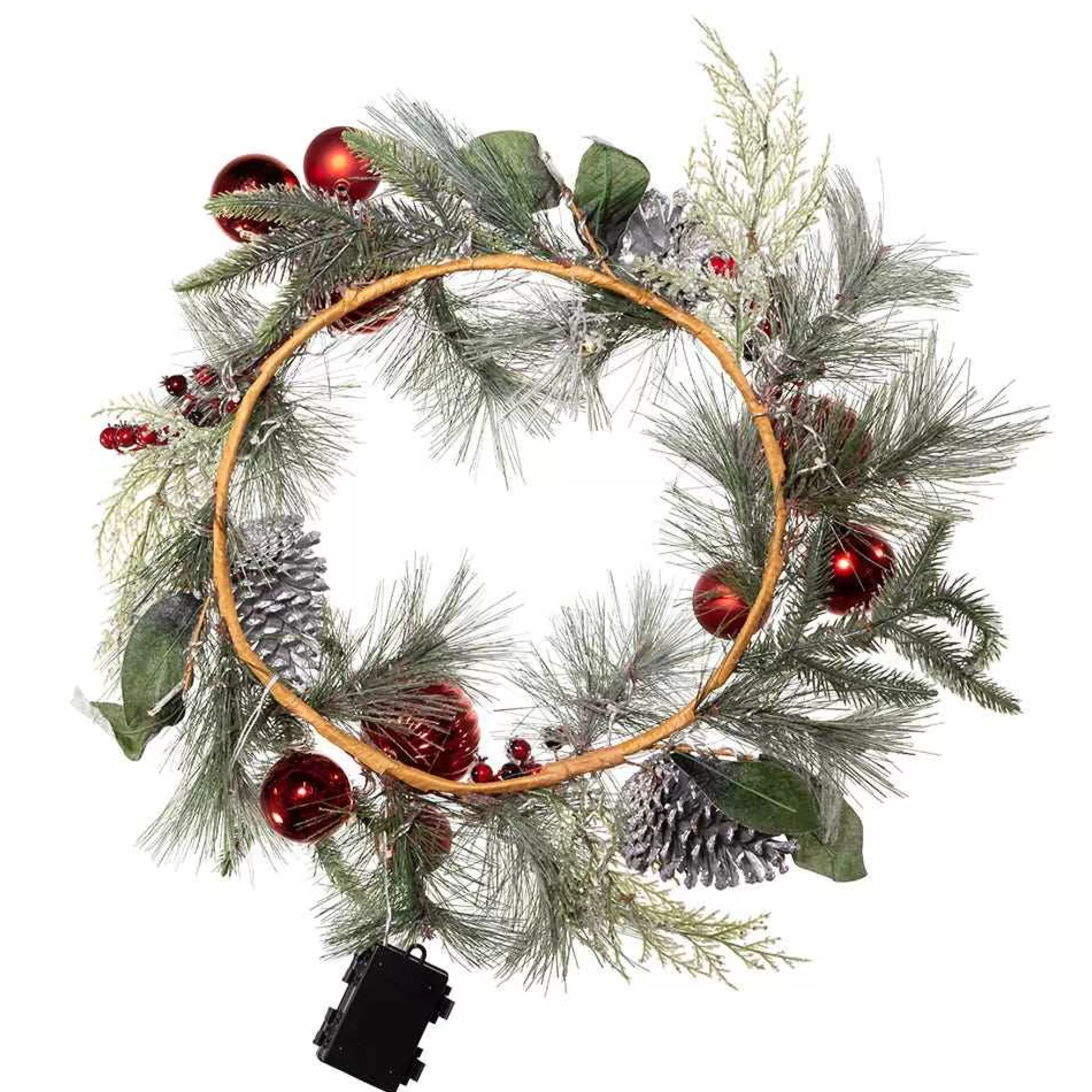 Kurt Adler 22-Inch Battery-Operated Red Berries, Balls And Silver Pinecone Wreath
