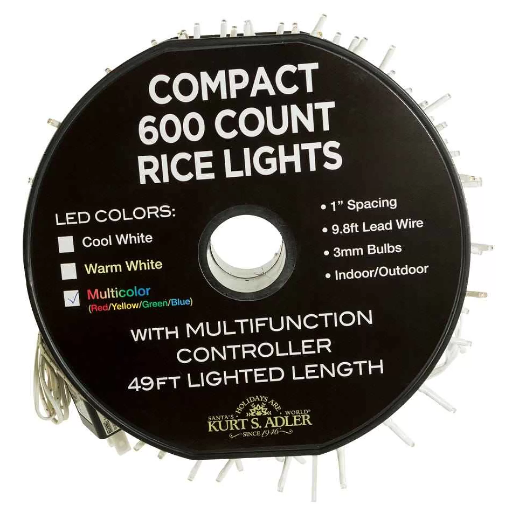 Kurt Adler 600-Light 49.2-Foot Multicolored Led White Wire Rice Light Set