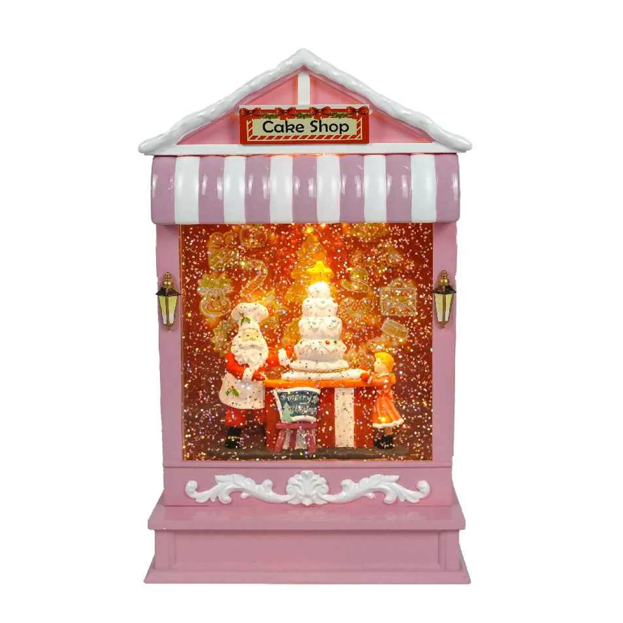 Arys Imports Pink Candy Shop With Led Warm White Light Up Santa Scene Spinning Glitter Waterglobe