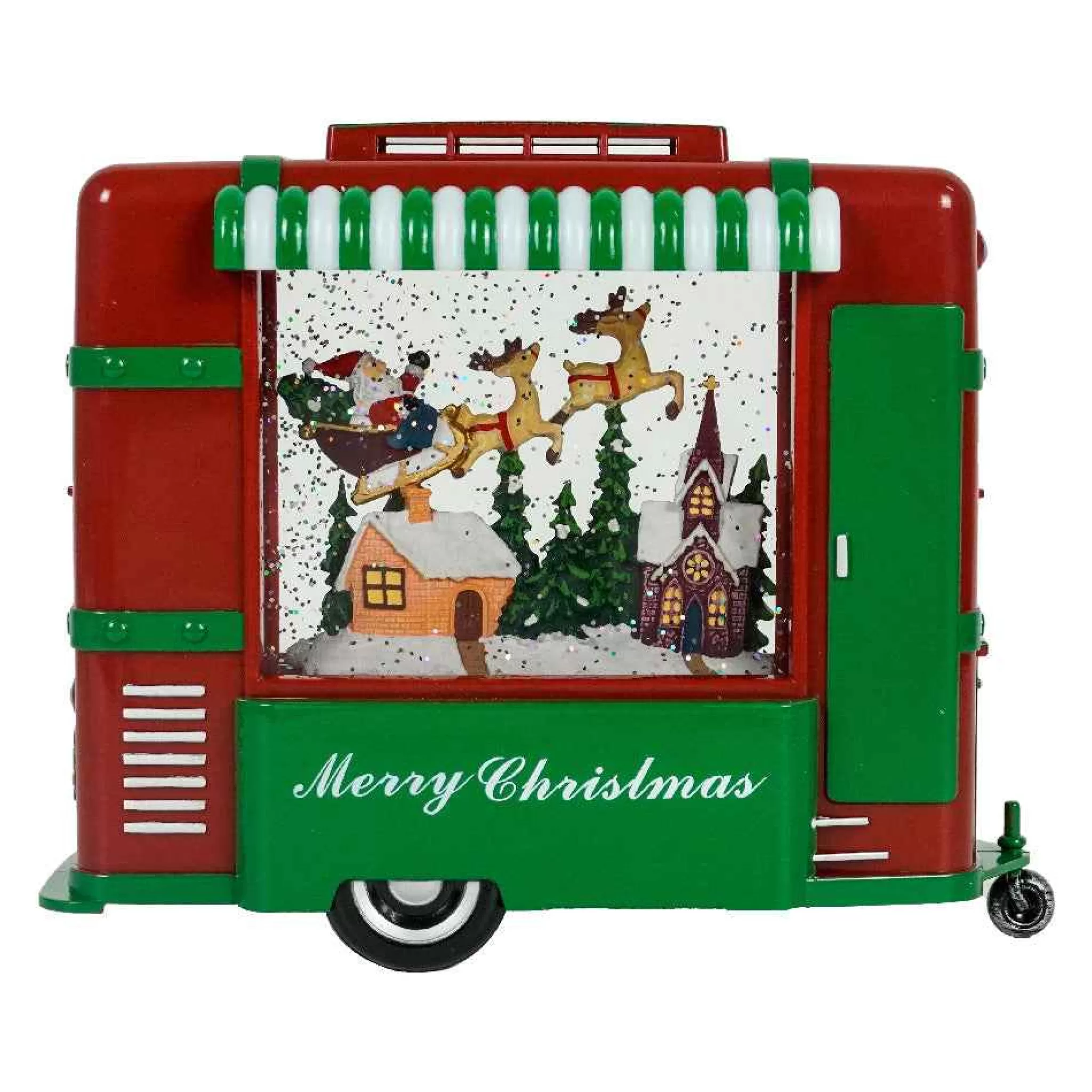 Arys Imports Red And Green Christmas Trailer With Led Warm White Light Up Santa Sleigh Scene Spinning Glitter Waterglobe