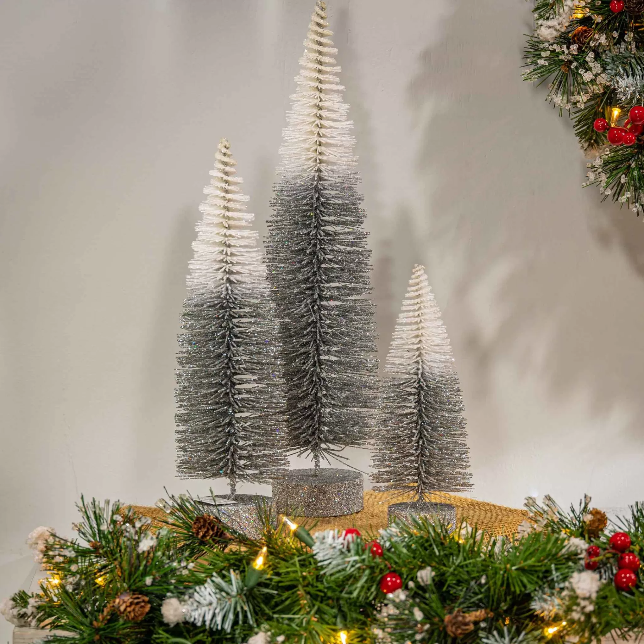 Gerson International S/3 Grey To White Ombre Bottle Brush Trees, Lg Is 16-In H, Med Is 12-In H, Sm Is 8-In H