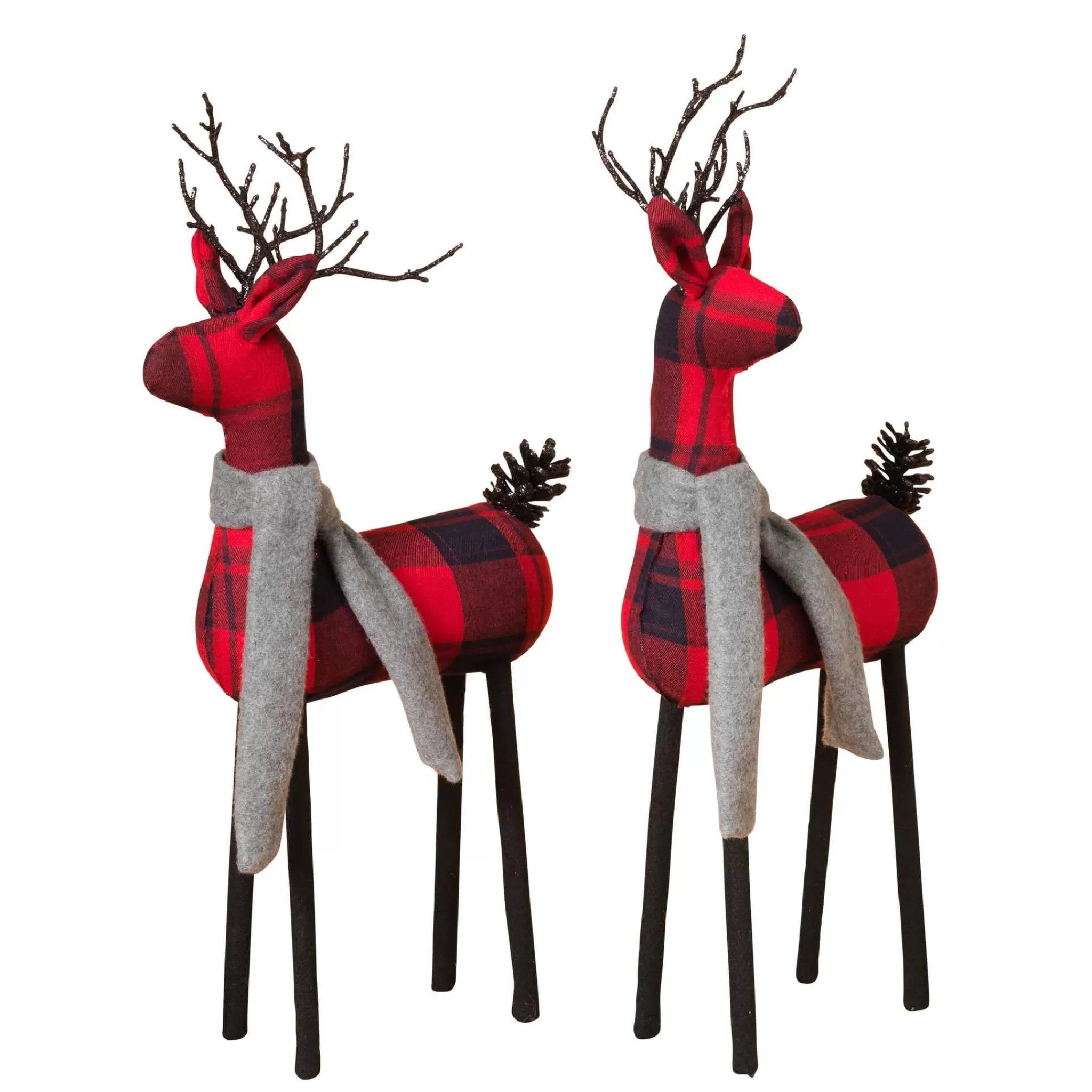 Gerson International Set Of 2 Christmas Holiday Deer Figurines, Red And Black Plaid