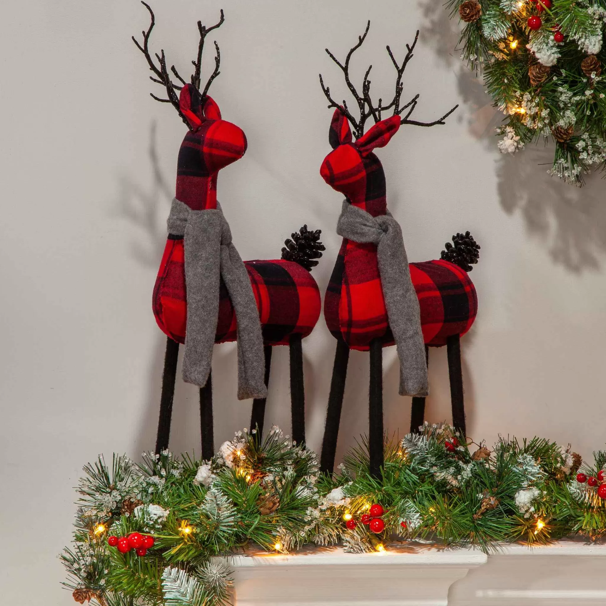 Gerson International Set Of 2 Christmas Holiday Deer Figurines, Red And Black Plaid