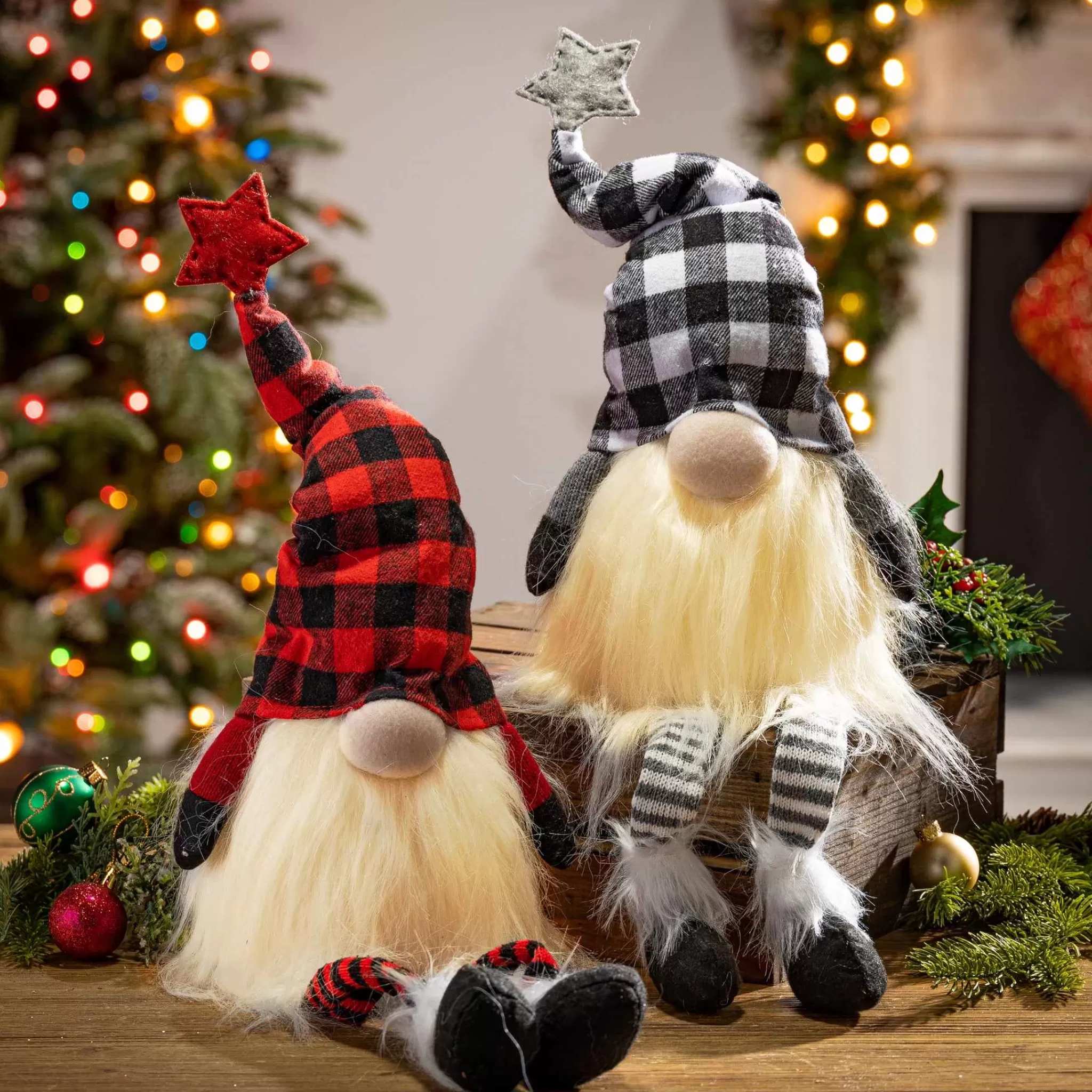 Gerson International Set Of 2 Christmas Lighted Gnome Figurines, Black And Red