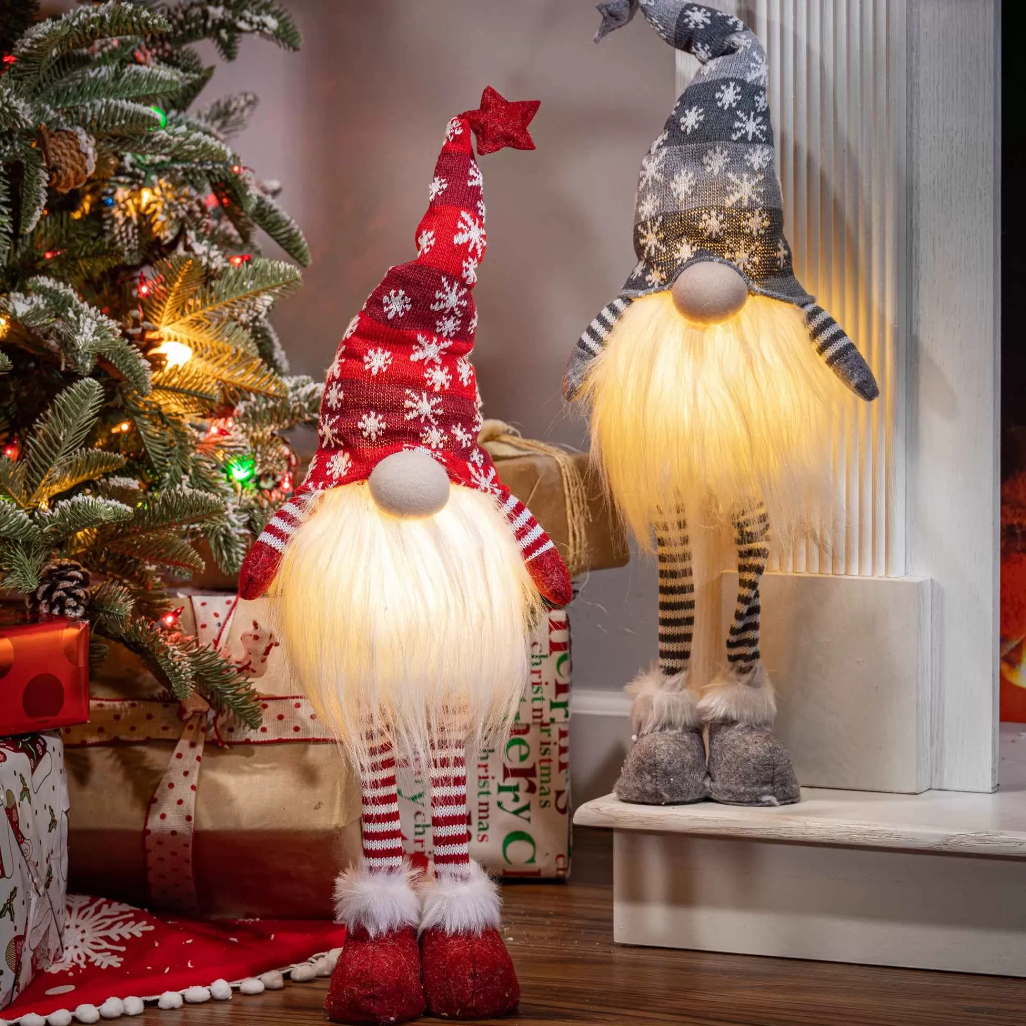 Gerson International Set Of 2 Christmas Lighted Gnome Figurines, Silver And Red