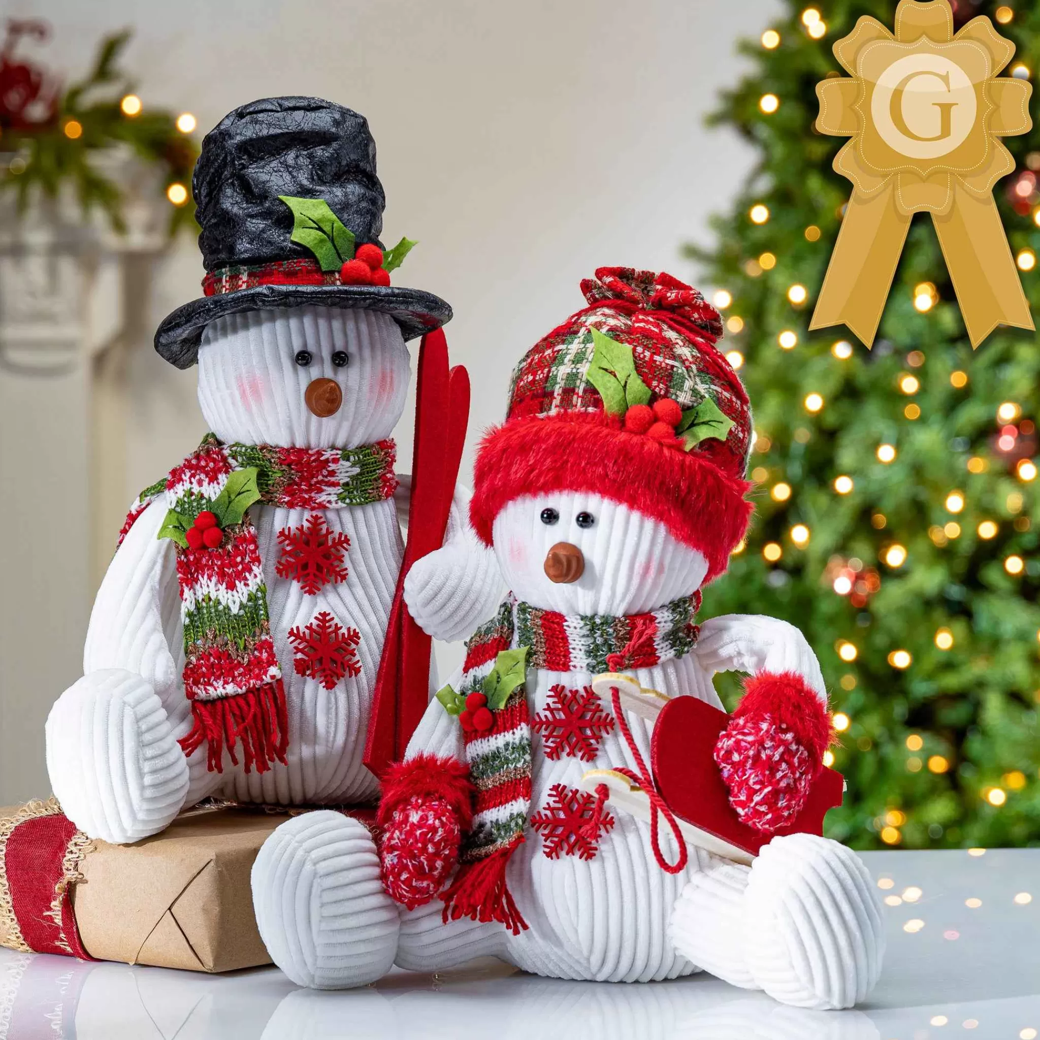 Gerson International Set Of 2 Holiday Snowman Figurine Decor, Red And Green