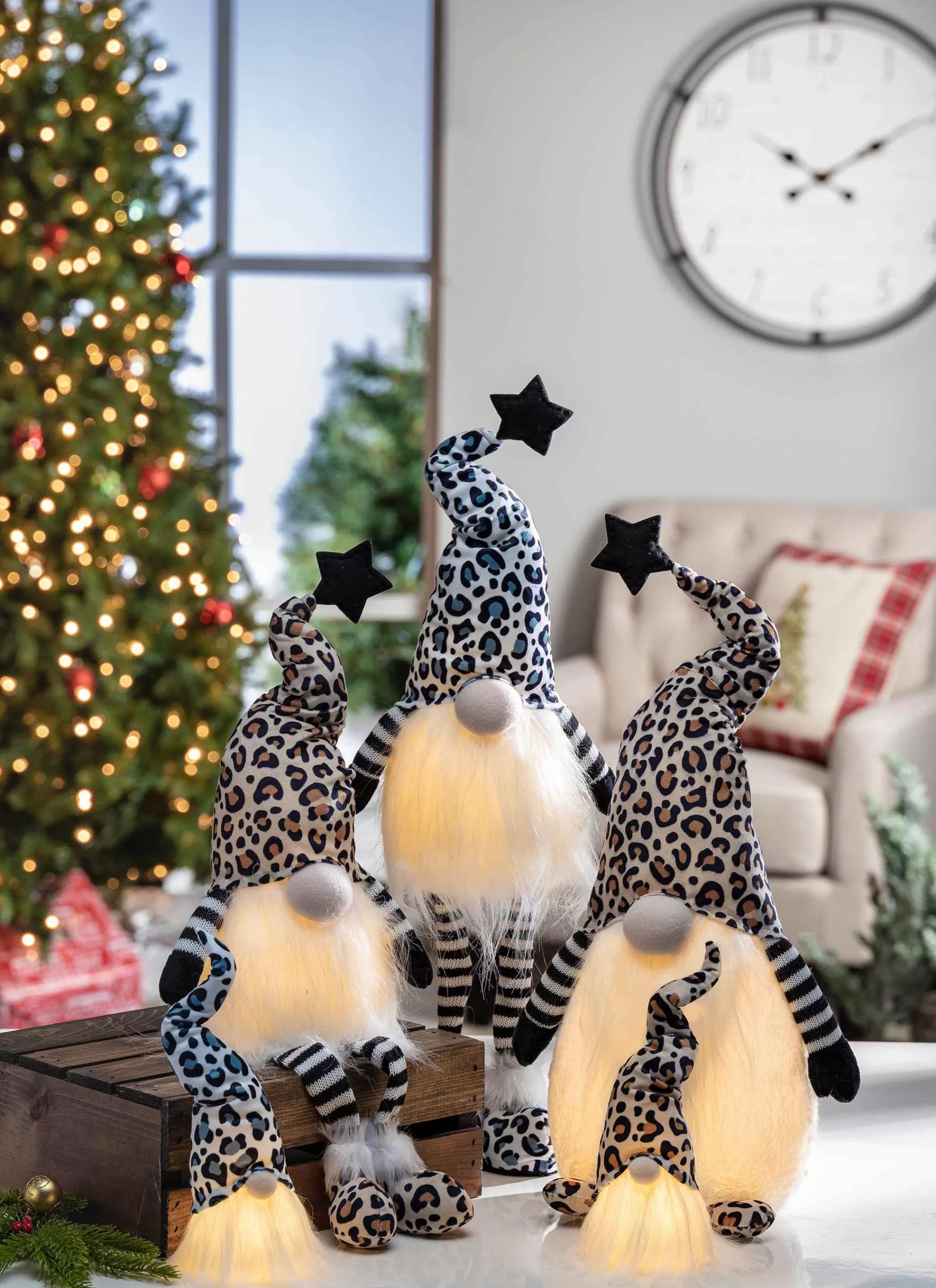 Gerson International Set Of 2 Lighted Leopard Print Gnome Figurines, Battery Operated