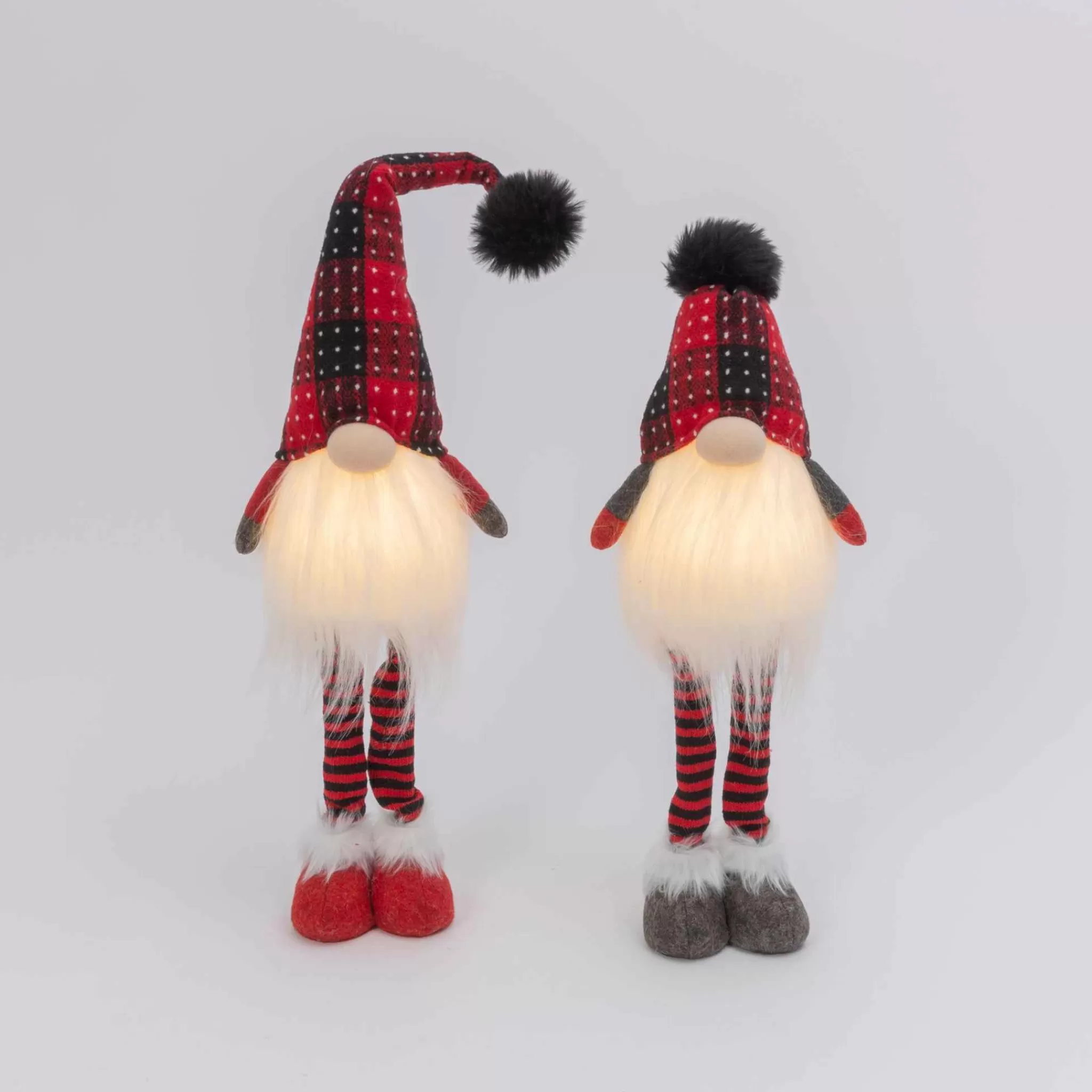 Gerson International Set Of 2 Lighted Plush Red And Black Plaid Holiday Standing Gnomes, Battery Operated