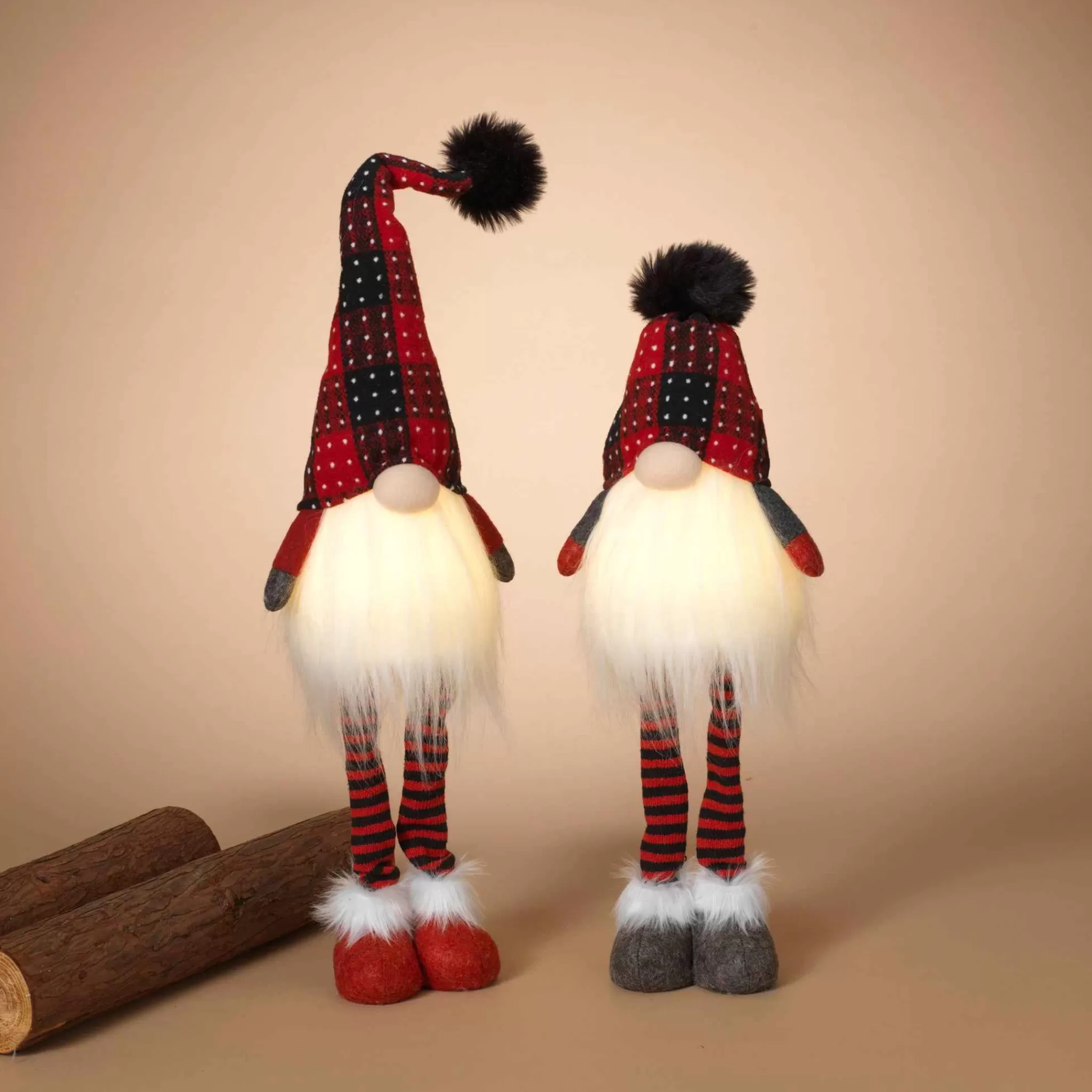 Gerson International Set Of 2 Lighted Plush Red And Black Plaid Holiday Standing Gnomes, Battery Operated