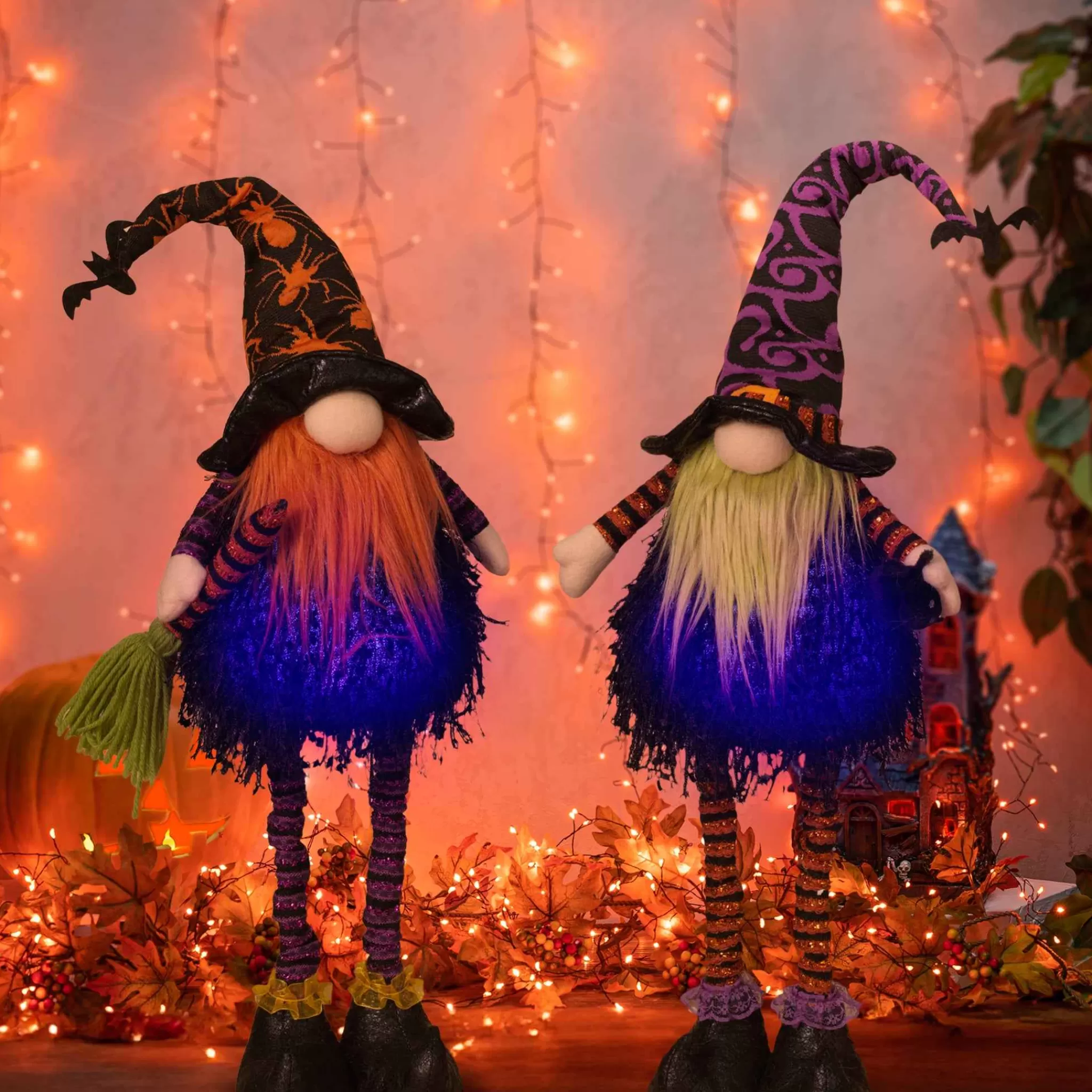 Gerson International Set Of 2 Lighted Plush Standing Spooky Halloween Gnomes