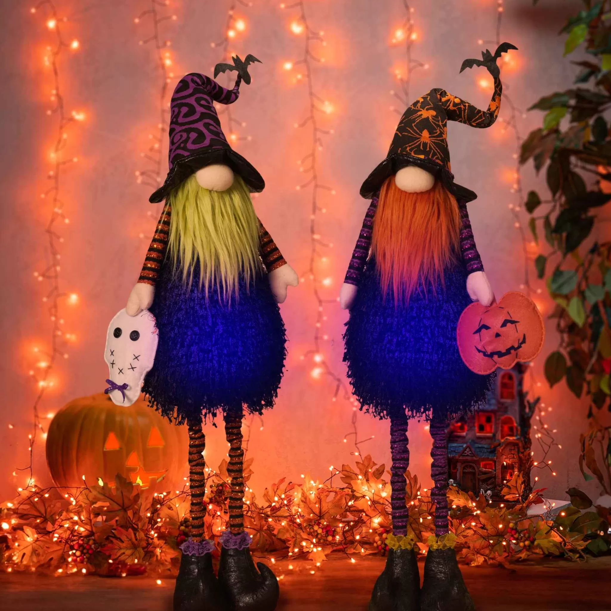 Gerson International Set Of 2 Lighted Whimsical Halloween Gnomes With Flexible Legs