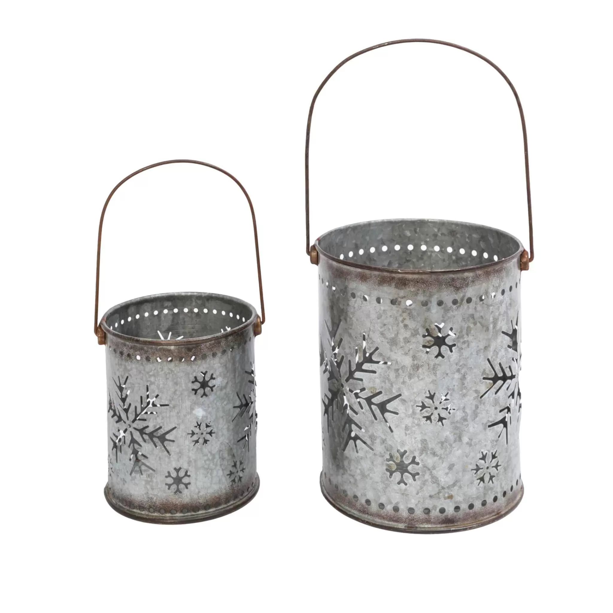 Gerson International Set Of 2 Nesting Metal Galvanized Snowflake Luminaries, Lg Is 19.8-In H (Including Handle)