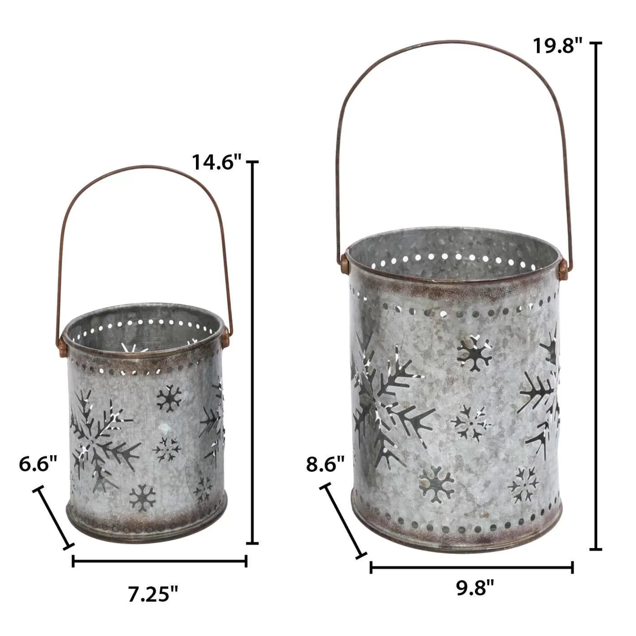 Gerson International Set Of 2 Nesting Metal Galvanized Snowflake Luminaries, Lg Is 19.8-In H (Including Handle)
