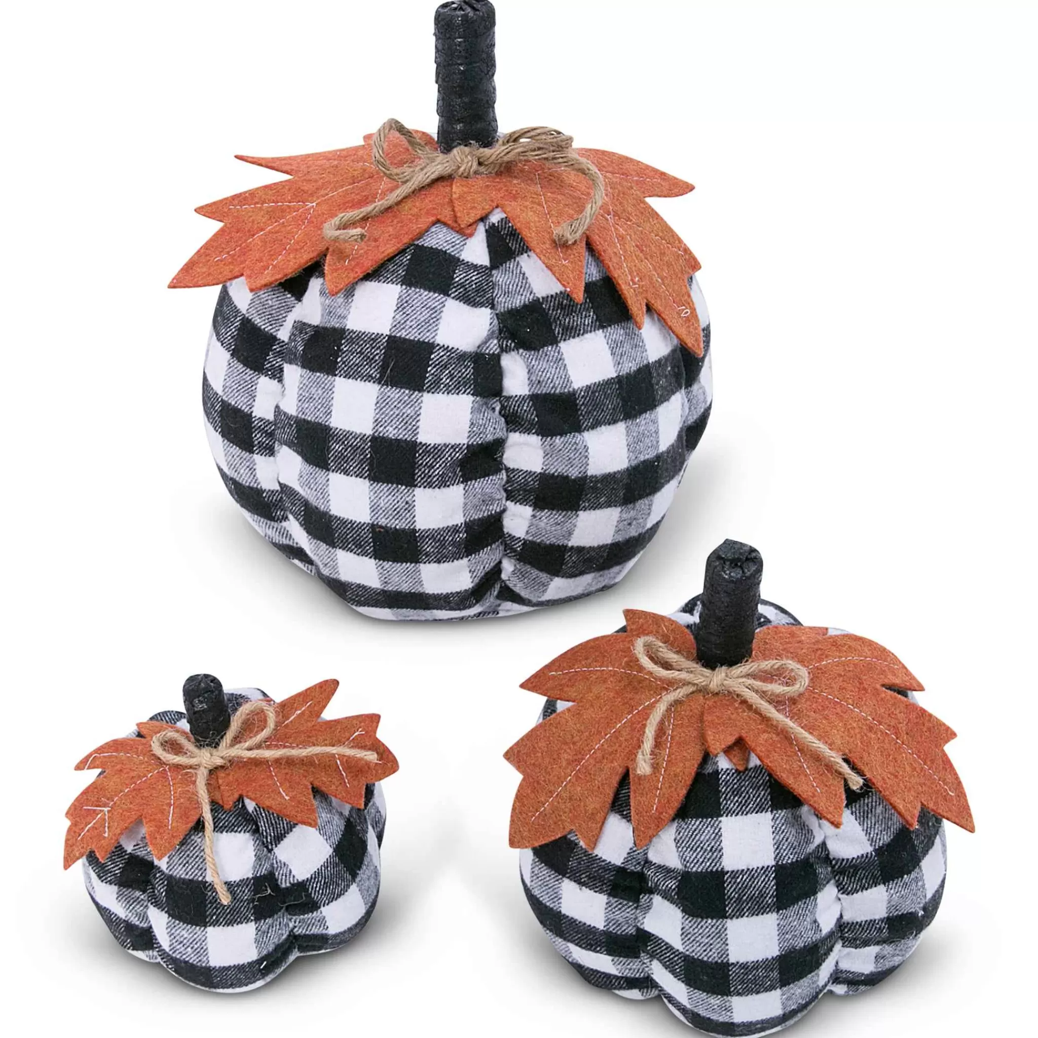 Gerson International Set Of 3 Assorted Sized Fabric Black And White Plaid Pumpkins Harvest Decor With Leaf Accent