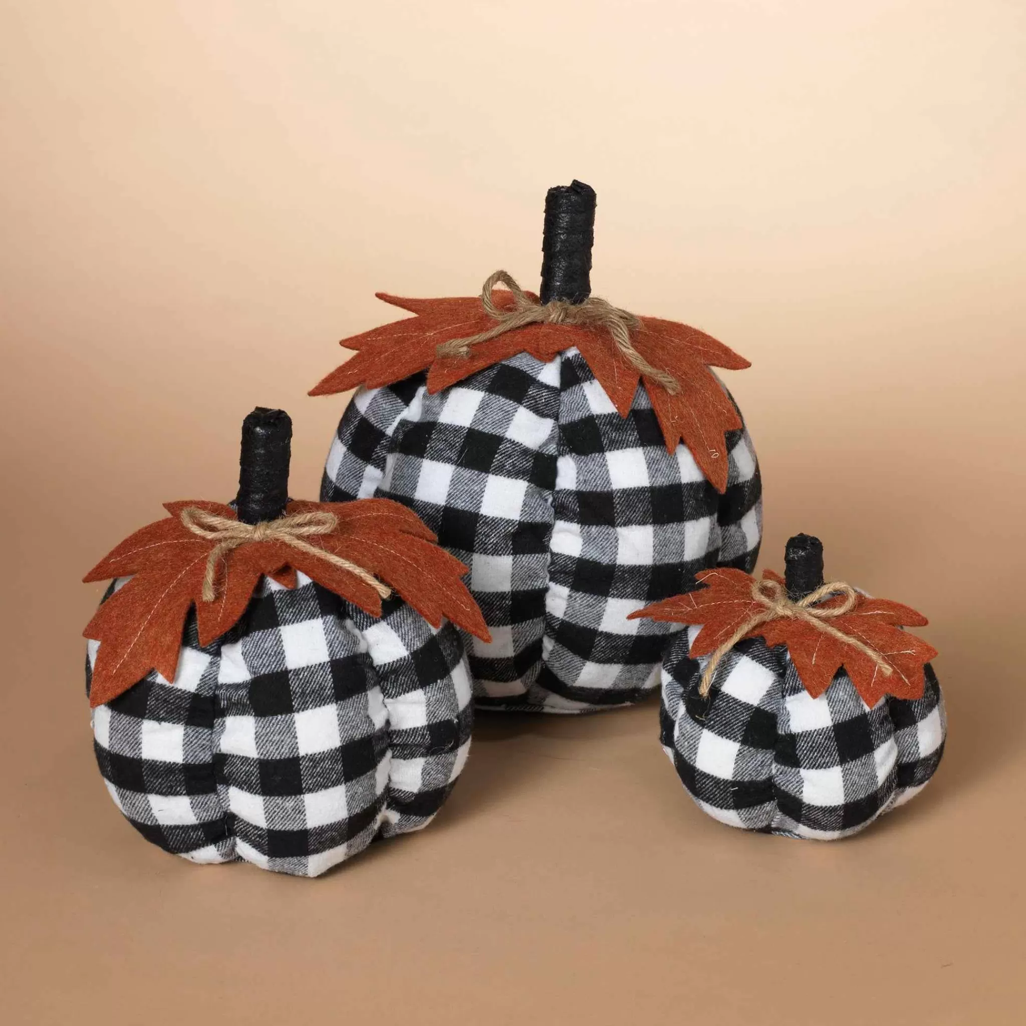 Gerson International Set Of 3 Assorted Sized Fabric Black And White Plaid Pumpkins Harvest Decor With Leaf Accent