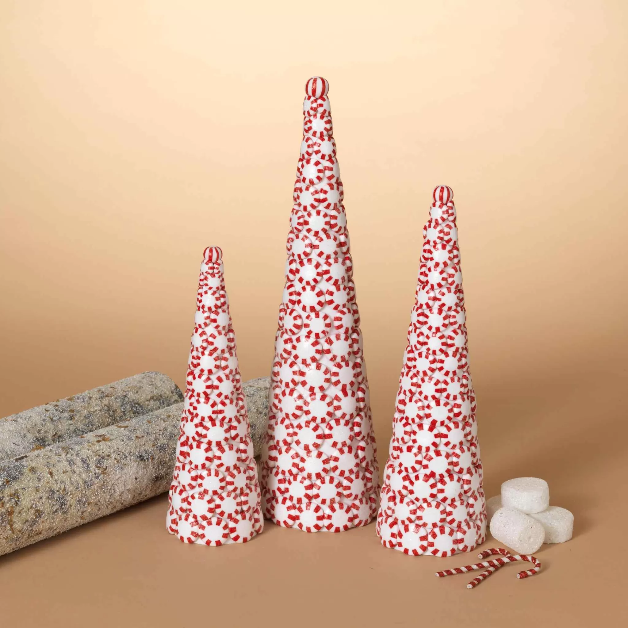 Gerson International Set Of 3 Clay Whimsical Traditional Peppermint Candy Trees