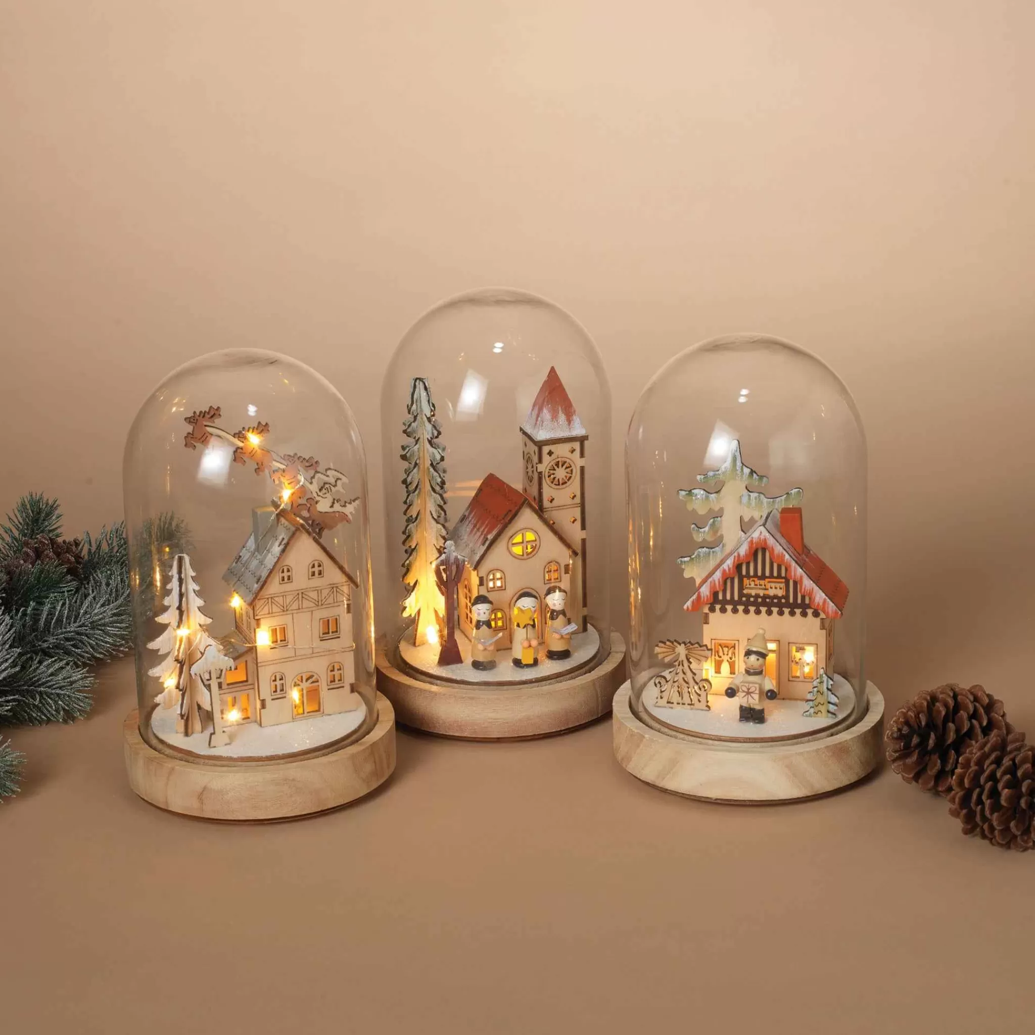 Gerson International Set Of 3 Holiday Scene Lighted Glass Domes