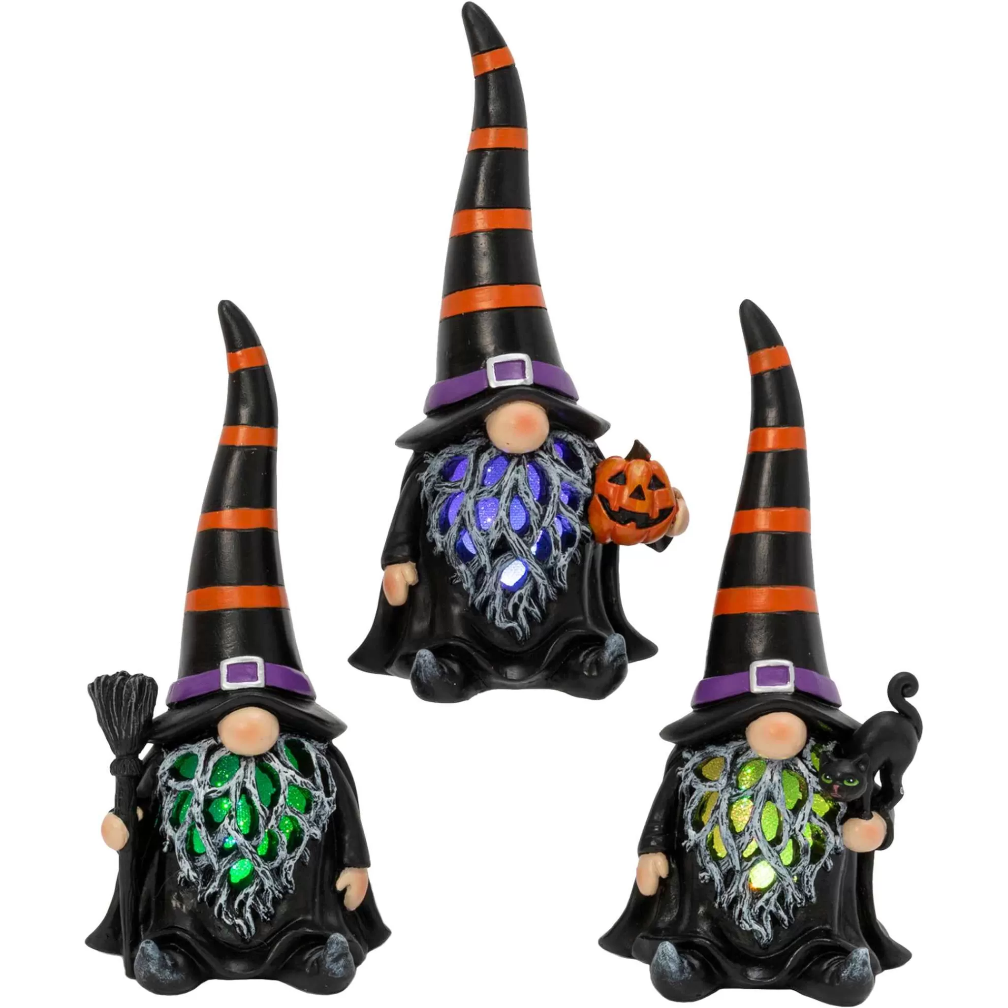 Gerson International Set Of 3 Spooky Lighted Halloween Gnome Witch Figurine , Timer