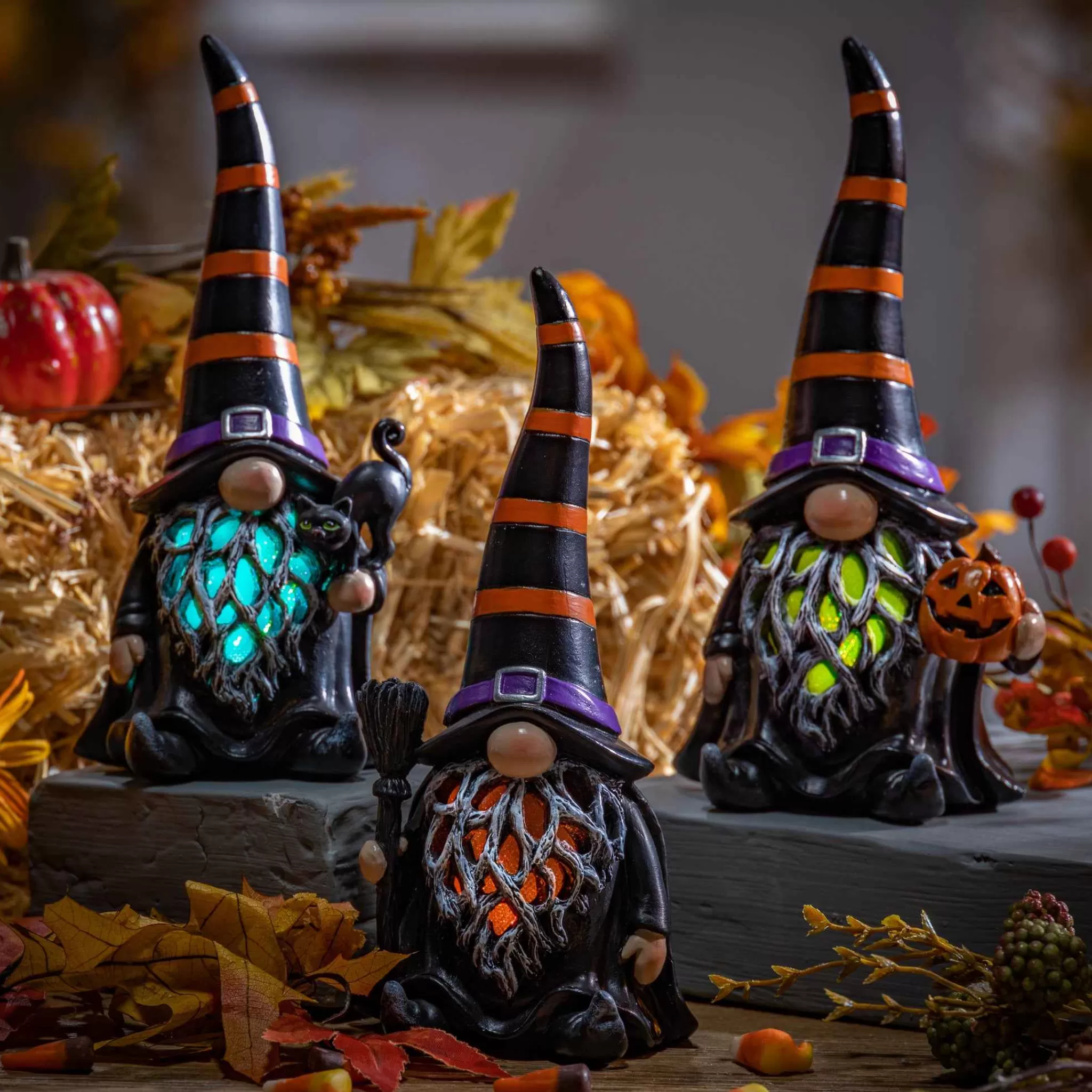 Gerson International Set Of 3 Spooky Lighted Halloween Gnome Witch Figurine , Timer