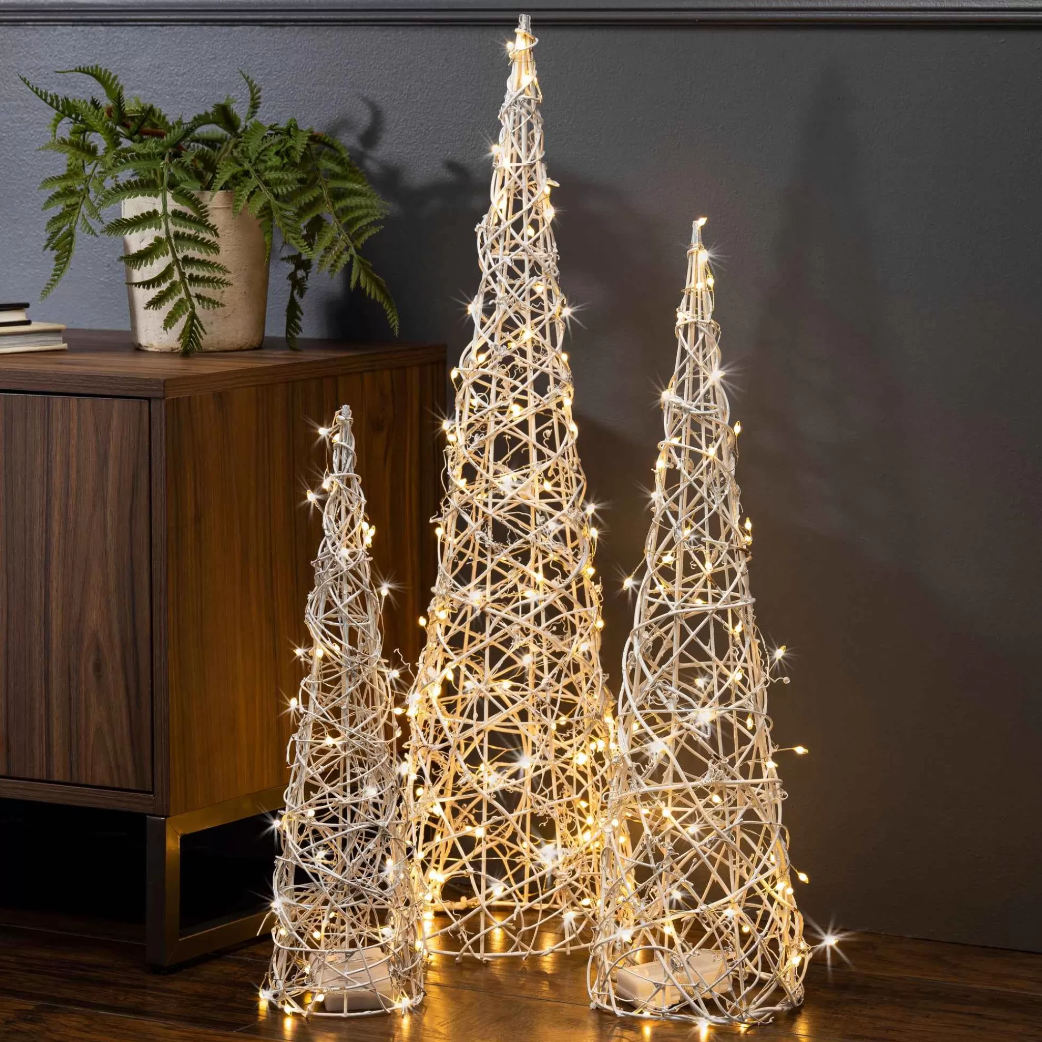 Gerson International Set Of 3 White Modern Vine Trees, Battery Operated Pre Lit Led