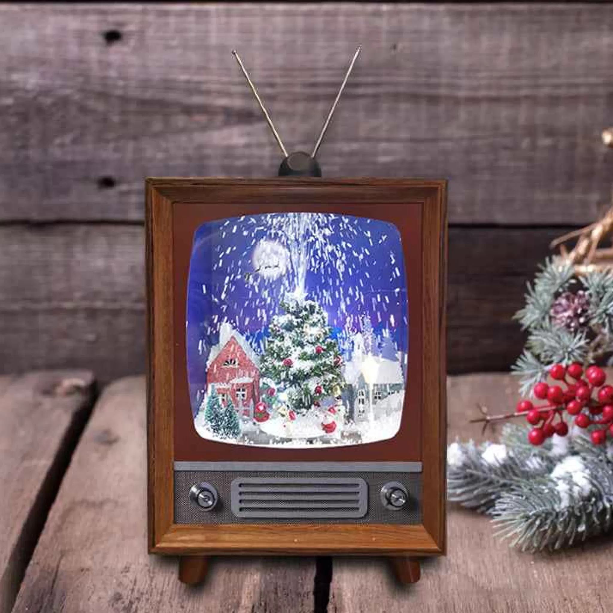 Arys Imports Snowing Antique Tv With Christmas Tree