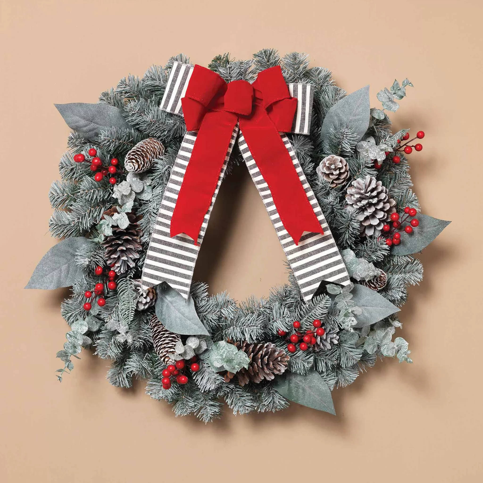 Gerson International Snowy Pine Christmas Wreath With Red Berries, Pinecones, Bow