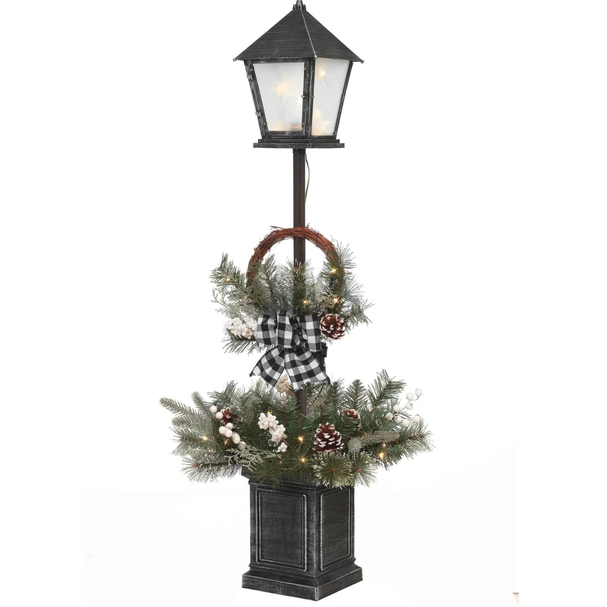 Gerson International Vintage Lantern Post With Wreath And Micro Led Lights, Timer