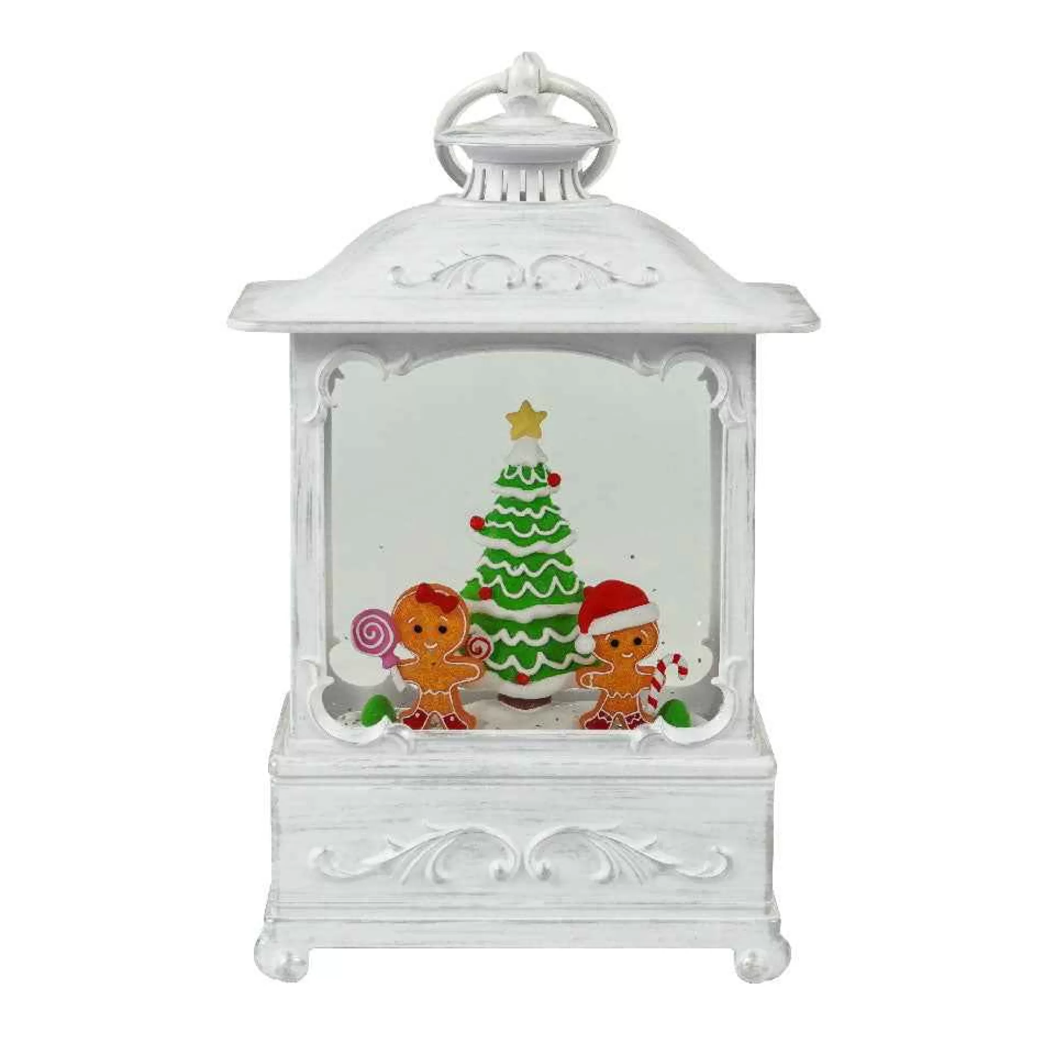 Arys Imports White Antique Lantern With Led Light Up Gingerbread Children Scene Spinning Glitter Waterglobe