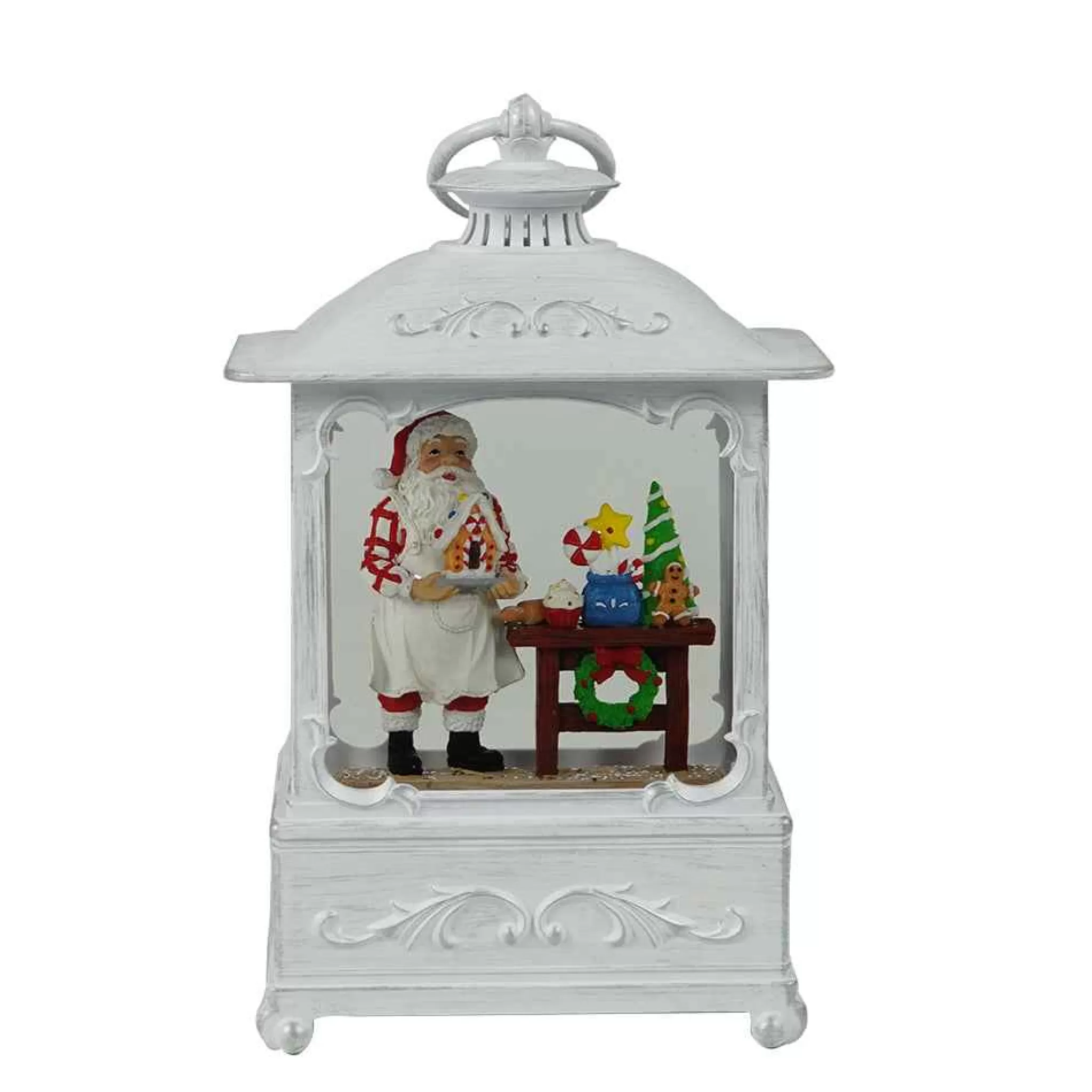 Arys Imports White Antique Lantern With Led Light Up Gingerbread Santa Chef Scene Spinning Glitter Waterglobe