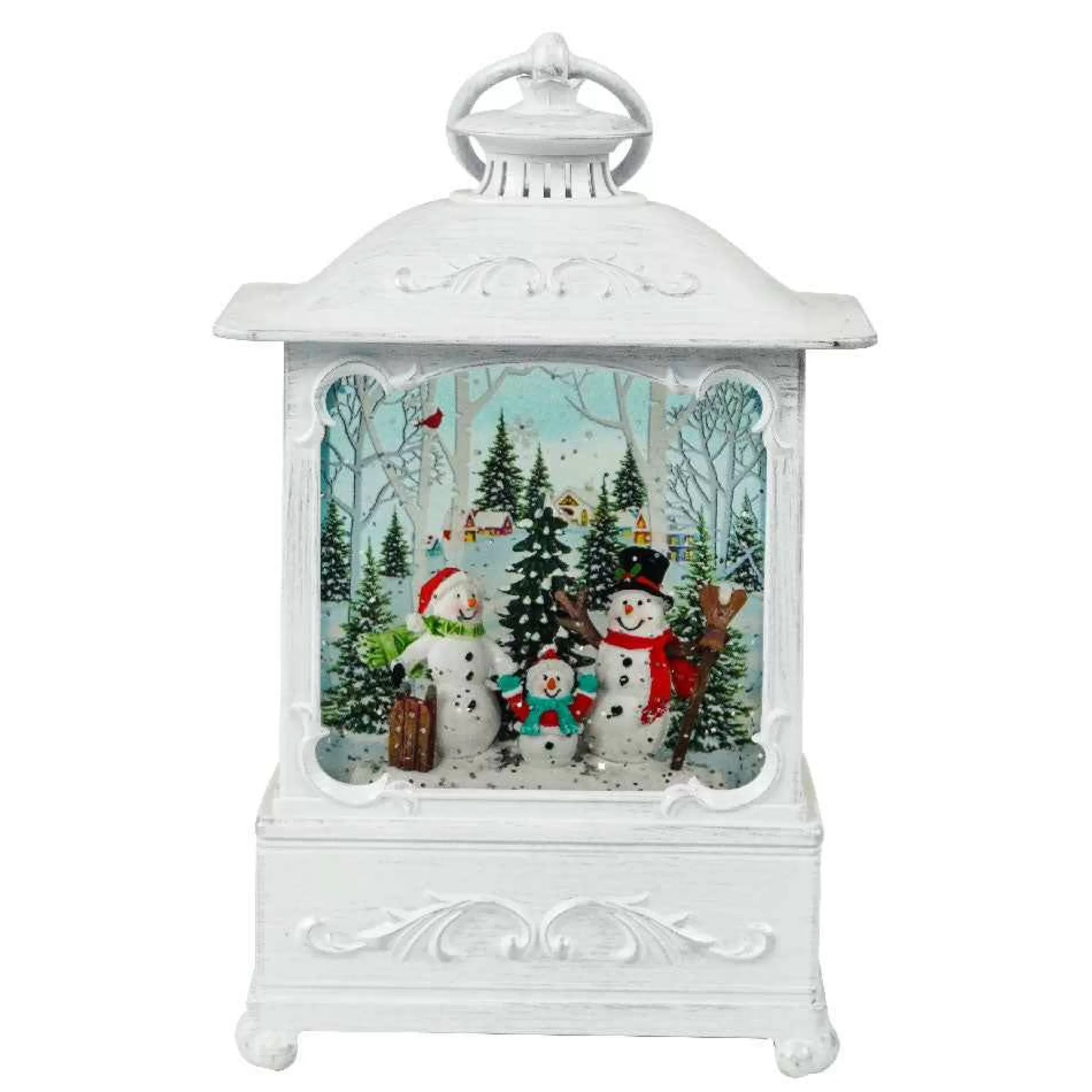 Arys Imports White Antique Lantern With Led Light Up Snowman Family Scene Spinning Glitter Waterglobe