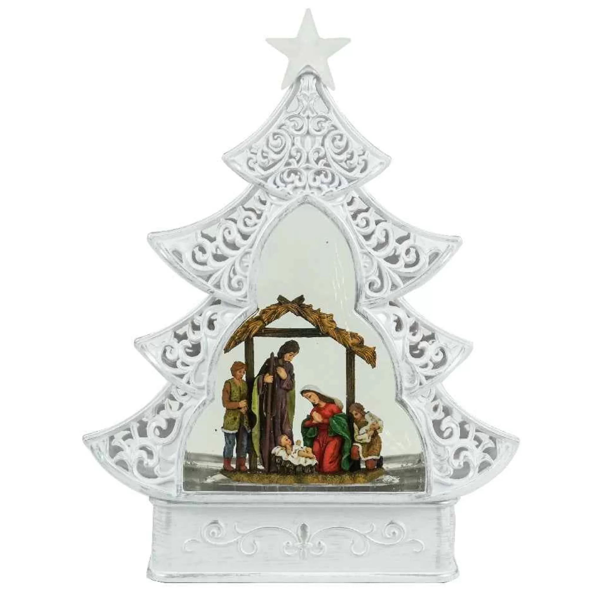 Arys Imports White Scroll Design Christmas Tree With Led Warm White Light Up Nativity Holy Family Scene Spinning Glitter Waterglobe