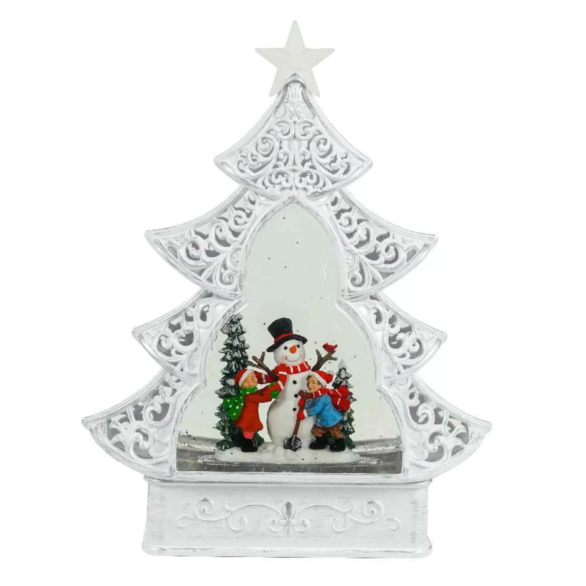 Arys Imports White Scroll Design Christmas Tree With Led Warm White Light Up Snowman And Kids Scene Spinning Glitter Waterglobe